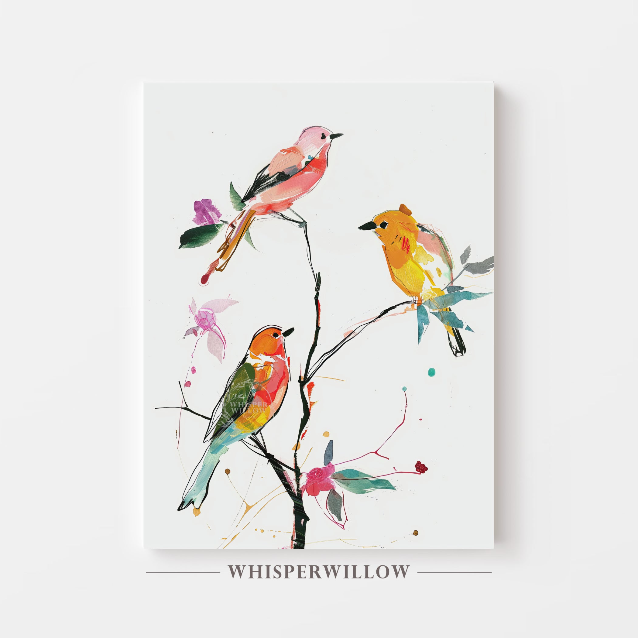 Colorful Songbirds on a Branch Canvas Wall Art Bird Home Decor Gift