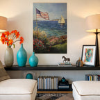 Leinwandbild mit Küstenmotiv | Segelboot mit amerikanischer Flagge | Patriotisches maritimes Deko-Geschenk