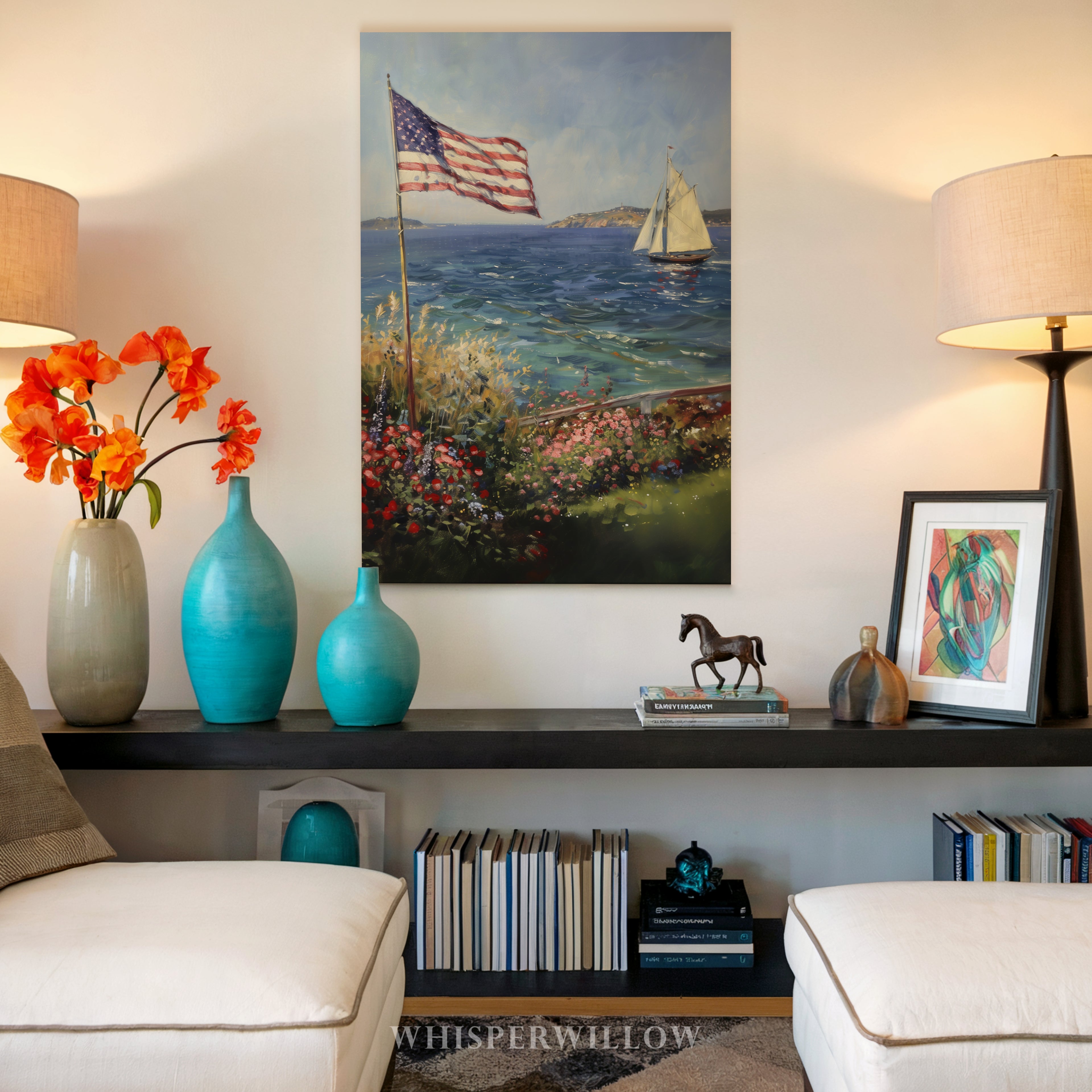 Leinwandbild mit Küstenmotiv | Segelboot mit amerikanischer Flagge | Patriotisches maritimes Deko-Geschenk
