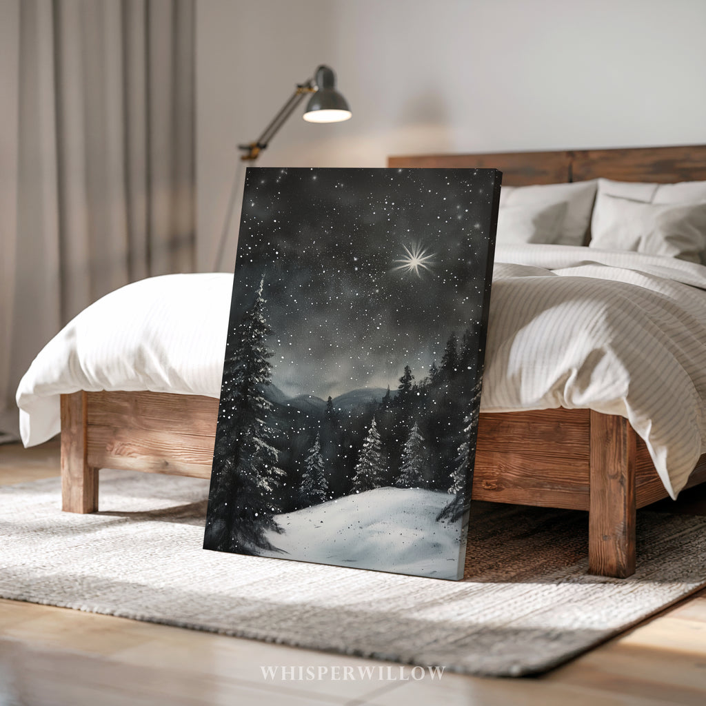 Winterliches Leinwandbild | Sternennacht, verschneiter Wald, Polarstern | Weihnachtsgeschenk