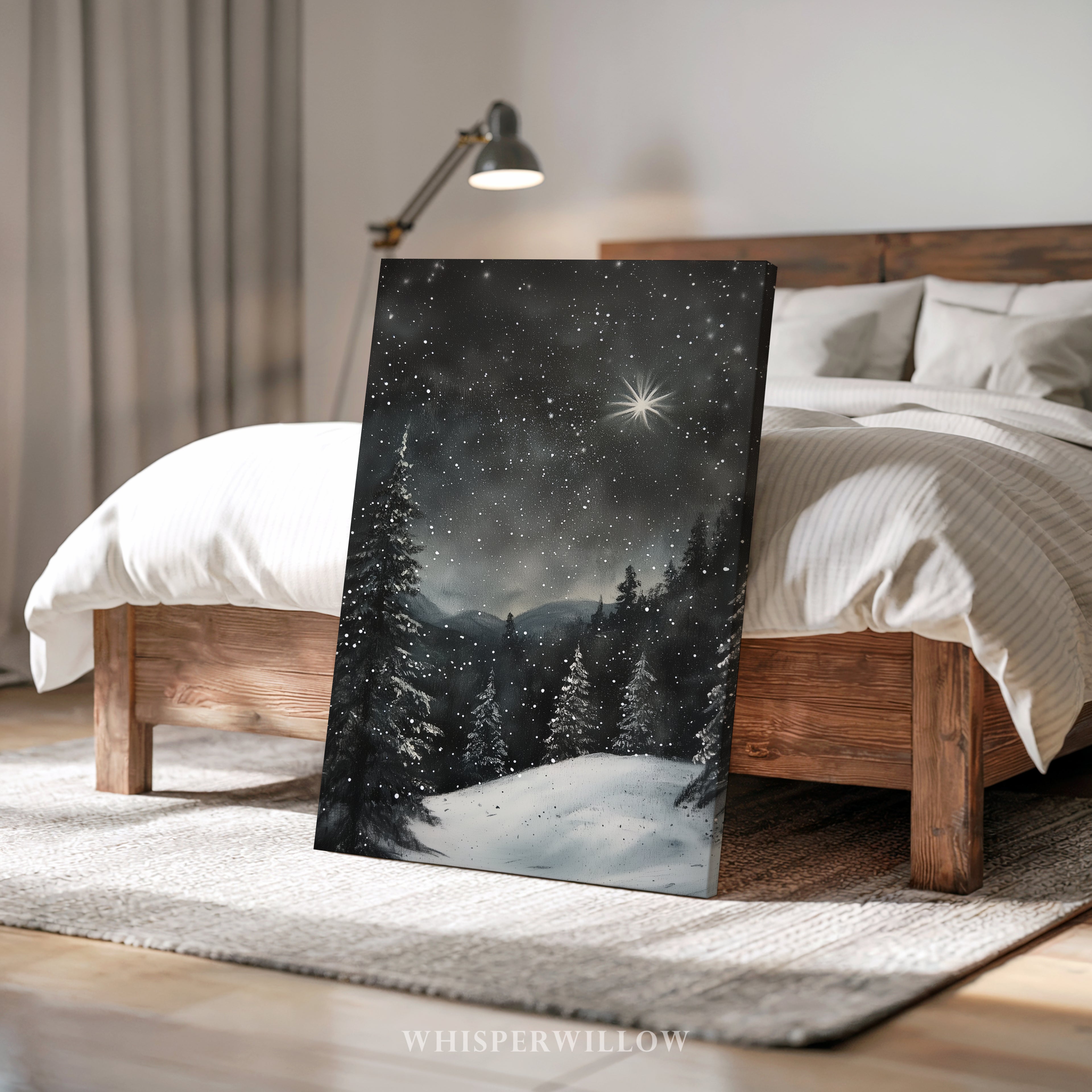 Winterliches Leinwandbild | Sternennacht, verschneiter Wald, Polarstern | Weihnachtsgeschenk