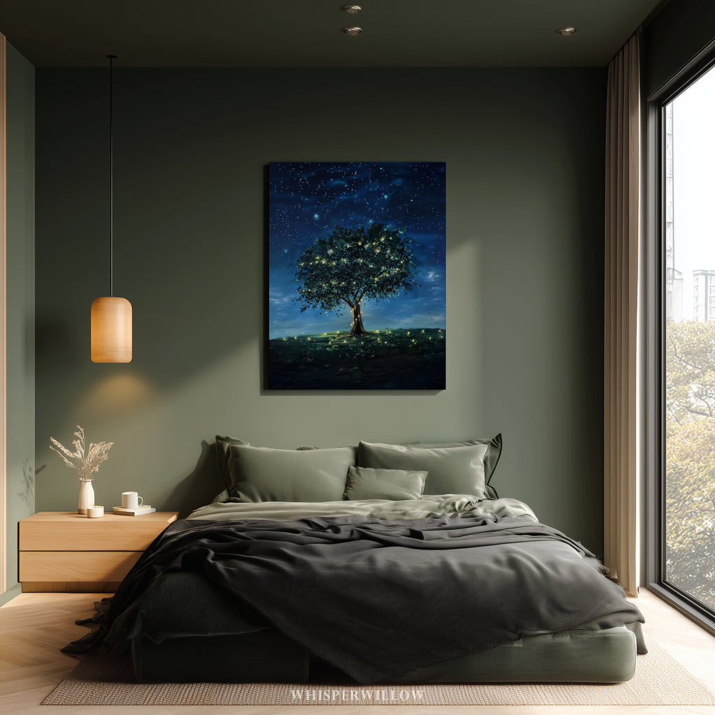 Leuchtender Glühwürmchenbaum als Leinwandbild – Sternenklare Nachtwiese, fantasievoll und verspielt