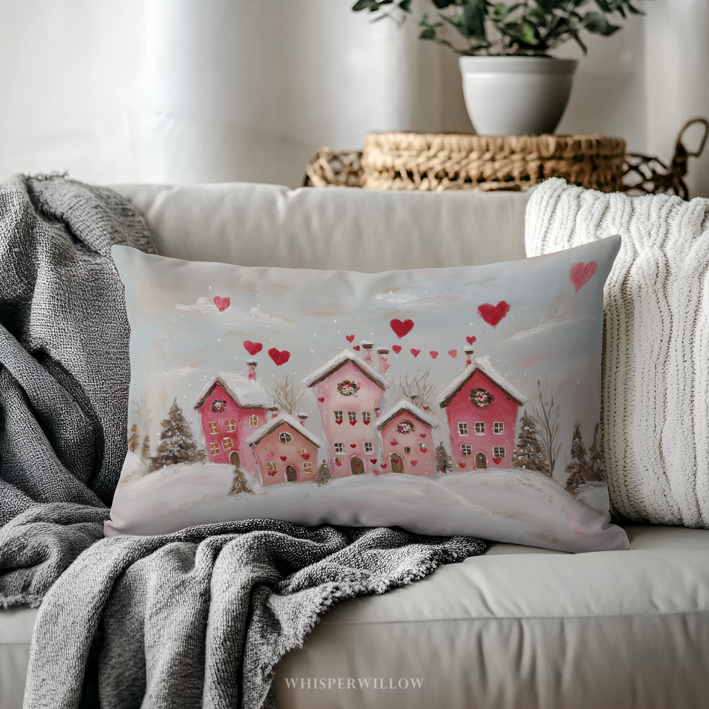 Coussin décoratif Saint-Valentin sur le thème du village d'hiver | Motif maisons en forme de cœur | Coussin cadeau romantique enneigé