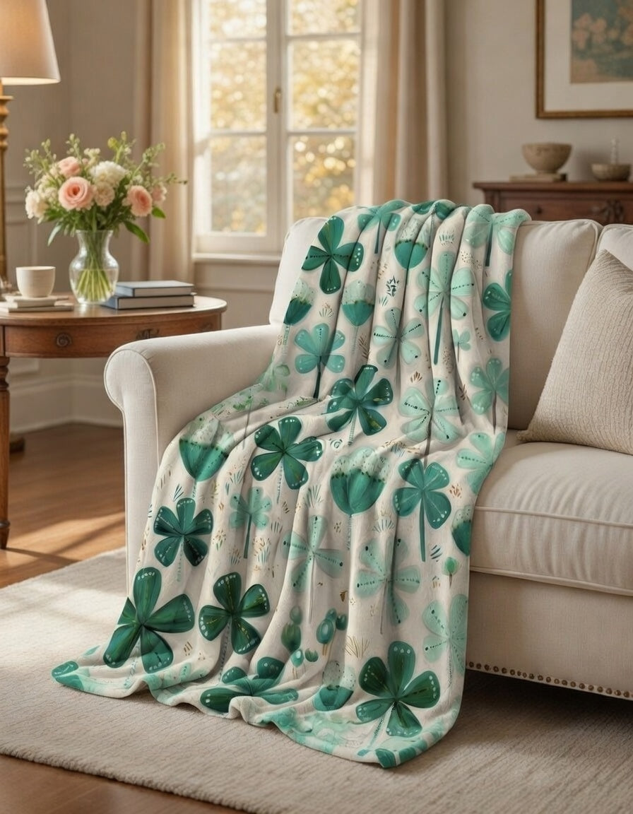 St Patrick Shamrock Clover Throw Blanket, Teal Green Floral Design, Lucky Irish Pattern, Cozy Plush Gift for Kids and Adults