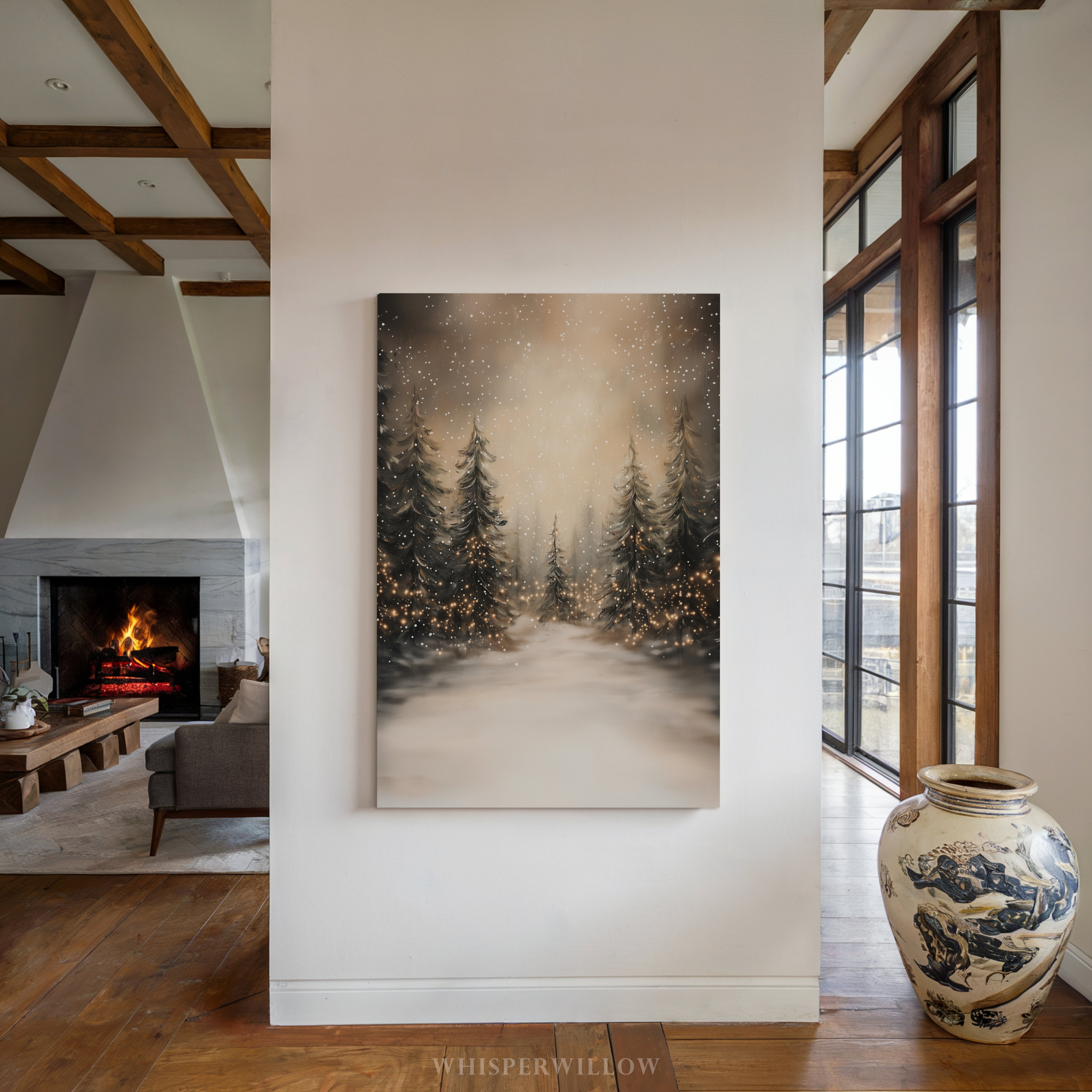 Leinwandbild Winterwald mit Lichterketten | Verschneite Kiefernwaldszene | Rustikale Weihnachtsdeko