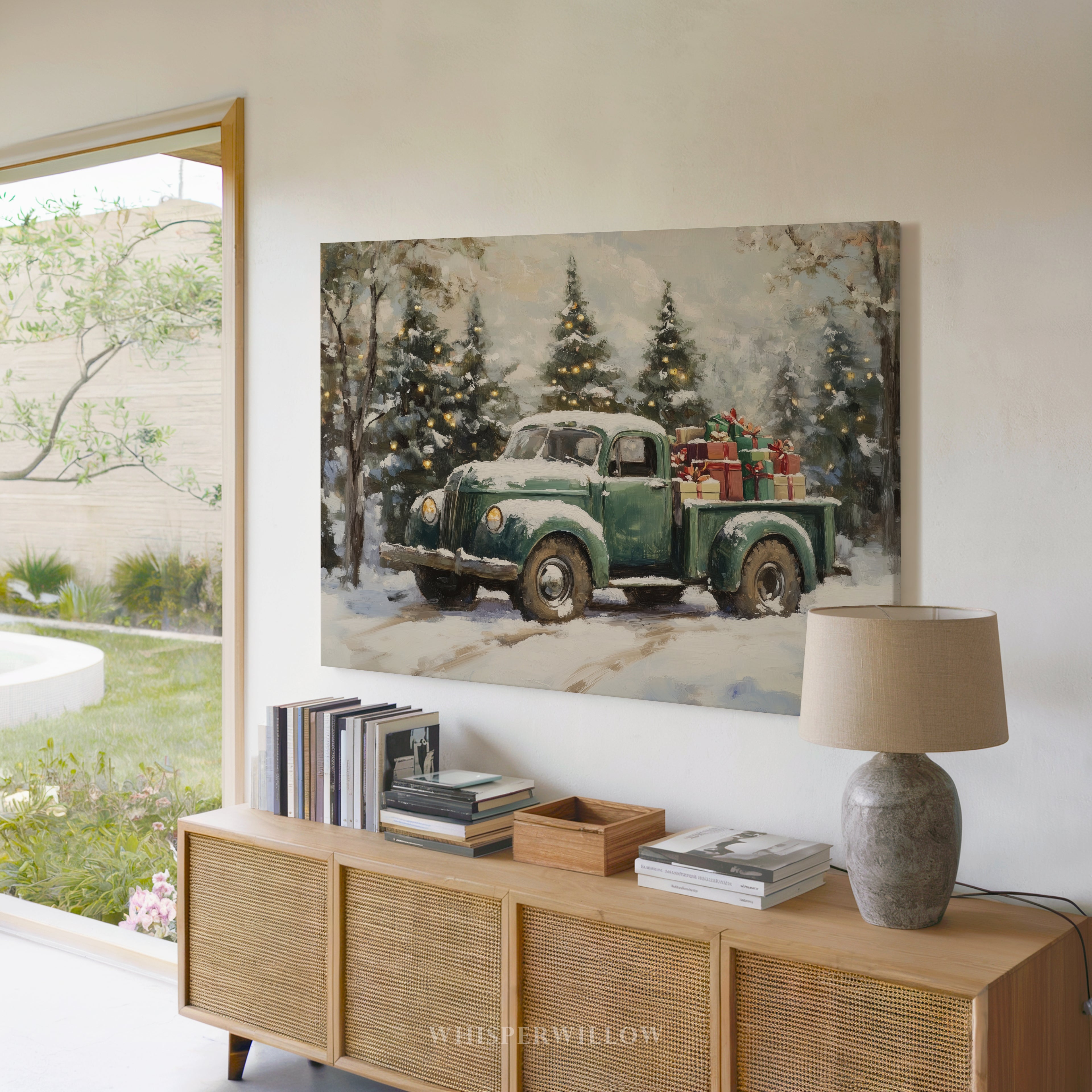 Vintage Green Christmas Truck Canvas Wall Art - Snowy Winter Trees, Rustic Farmhouse Holiday Decor