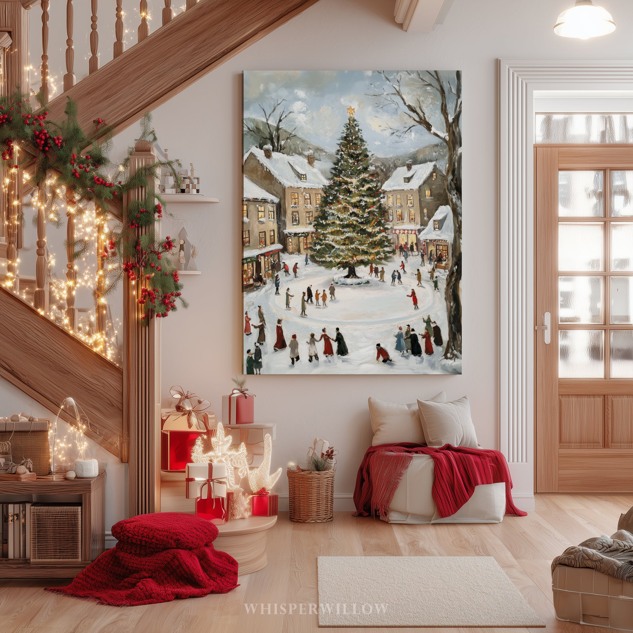 Weihnachtsdorf-Eislauf-Leinwandbild – Vintage-Weihnachtsdorfplatz, nostalgische Winterdekoration