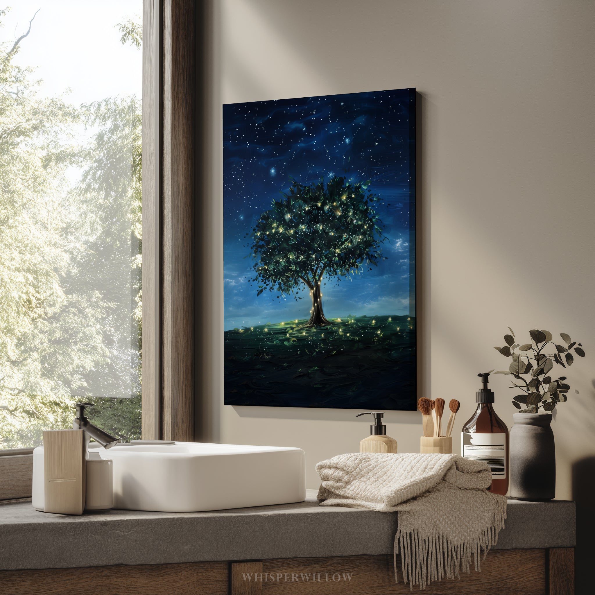 Leuchtender Glühwürmchenbaum als Leinwandbild – Sternenklare Nachtwiese, fantasievoll und verspielt
