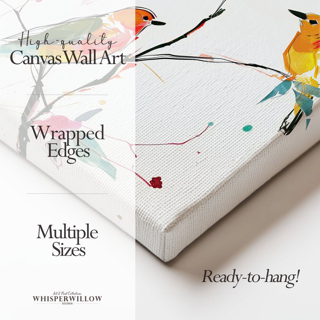 Farbenfrohe Singvogel-Leinwandbilder – Lebendige Aquarellvögel auf einem verspielten Ast