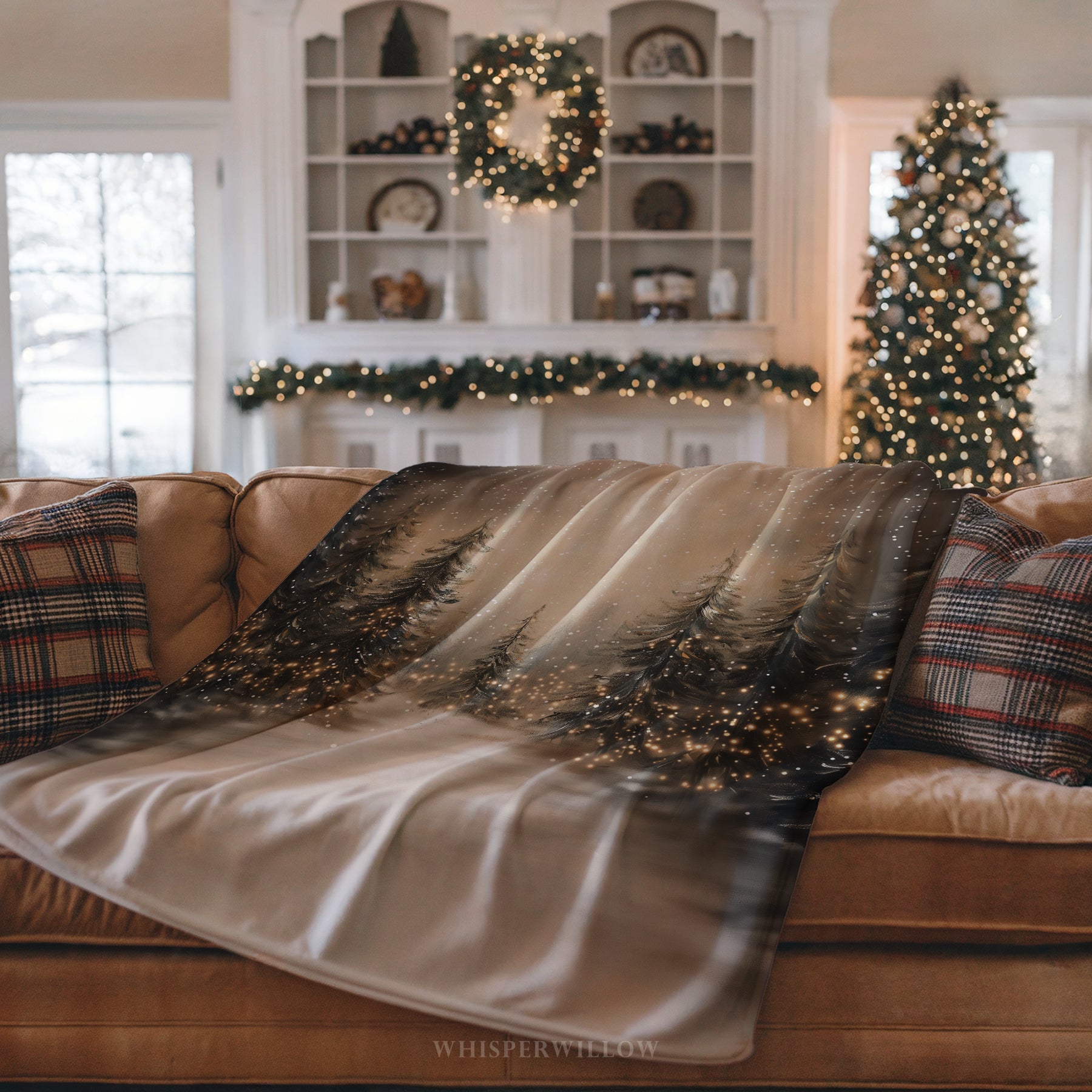 Snowy Pine Forest Throw Blanket - Winter Wonderland Lights Gift