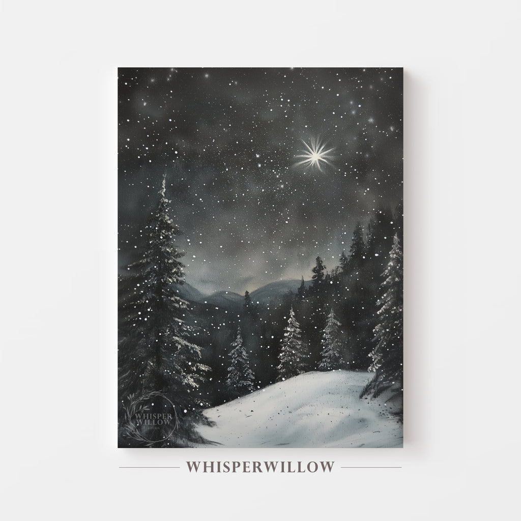 North Star Evening Winter Sky and Pines Canvas Wall Art Christmas Wall Decor Gift