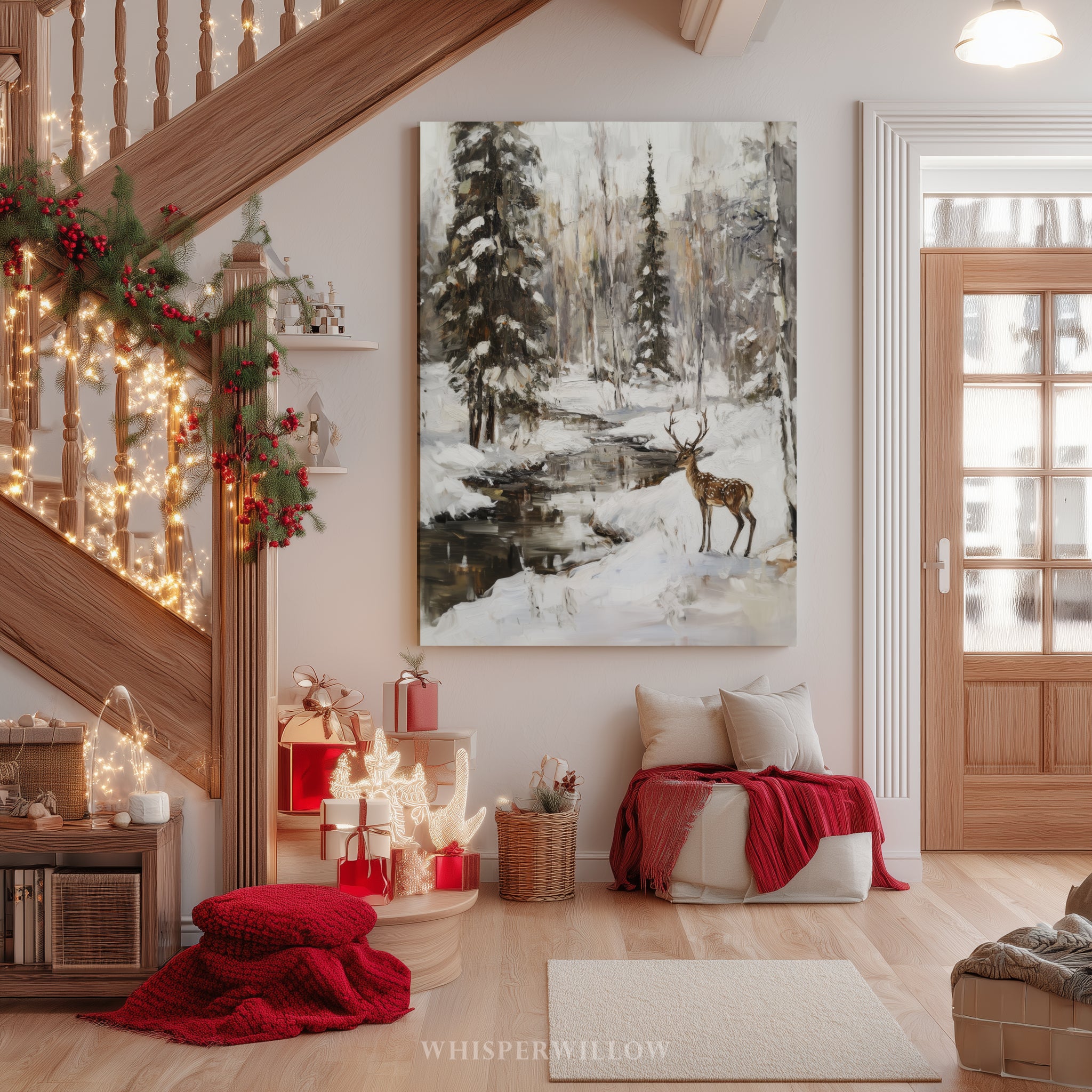 Winterliches Wandbild „Deer Creek“ auf Leinwand – Verschneite Waldlandschaft, Waldtierdekor