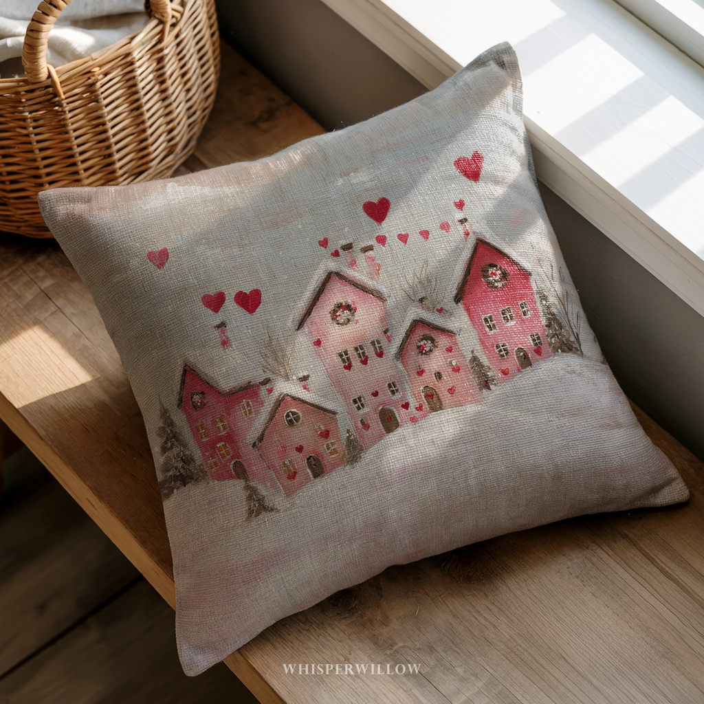 Coussin décoratif Saint-Valentin sur le thème du village d'hiver | Motif maisons en forme de cœur | Coussin cadeau romantique enneigé