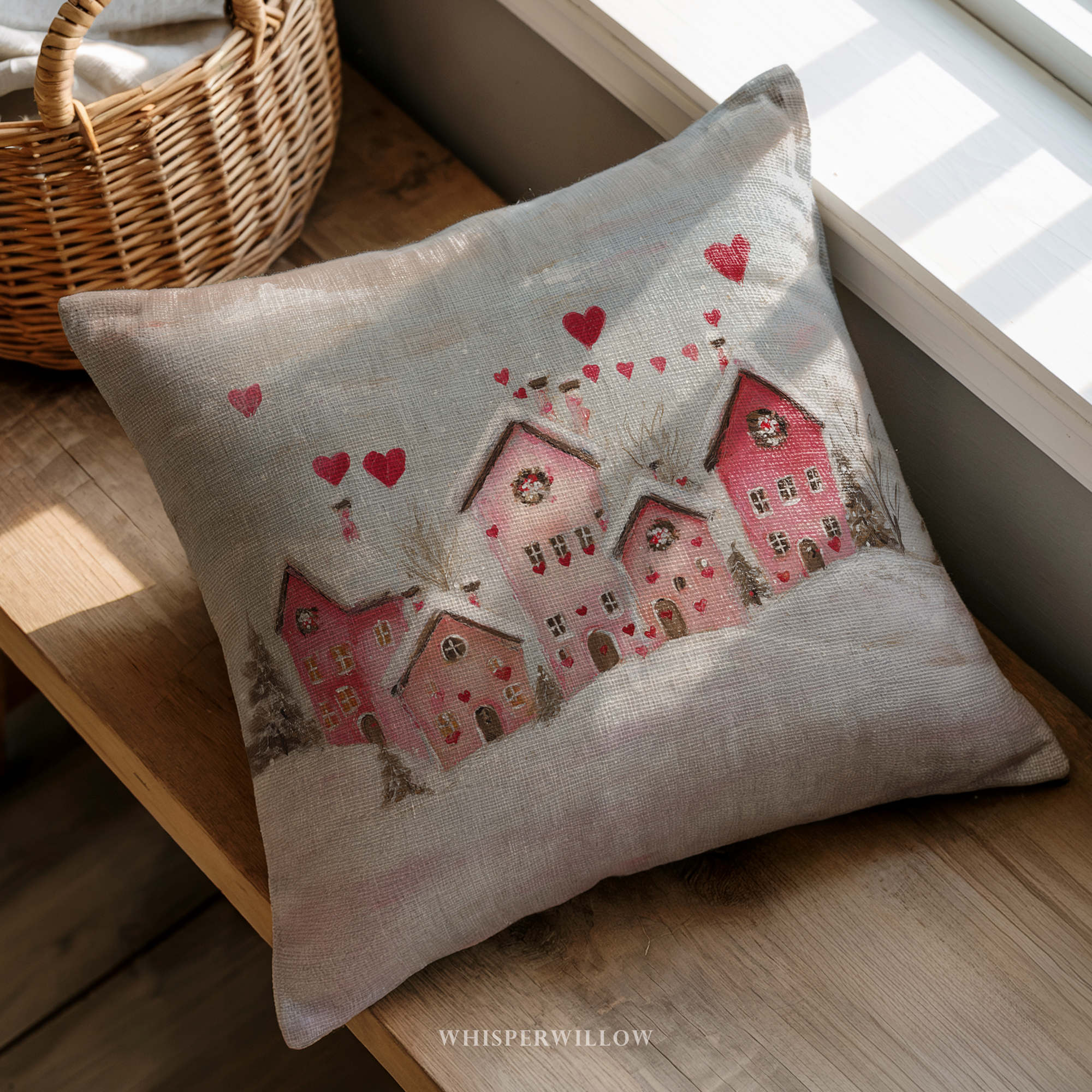 Coussin décoratif Saint-Valentin sur le thème du village d'hiver | Motif maisons en forme de cœur | Coussin cadeau romantique enneigé