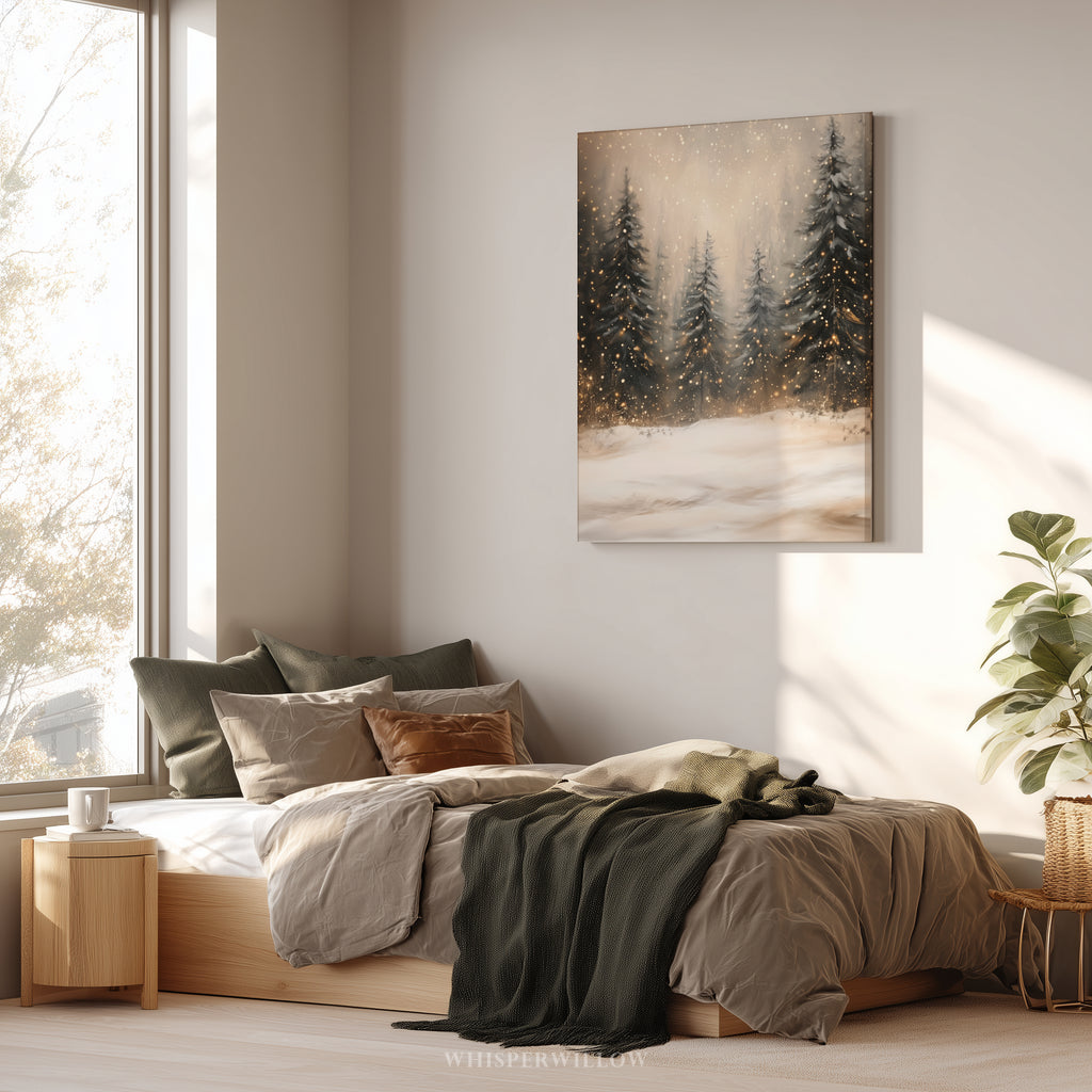 Winterliches Leinwandbild | Verschneiter Kiefernwald mit funkelnden Lichtern | Gemütliche, rustikale Weihnachtsdeko – das perfekte Geschenk für Ihr Zuhause