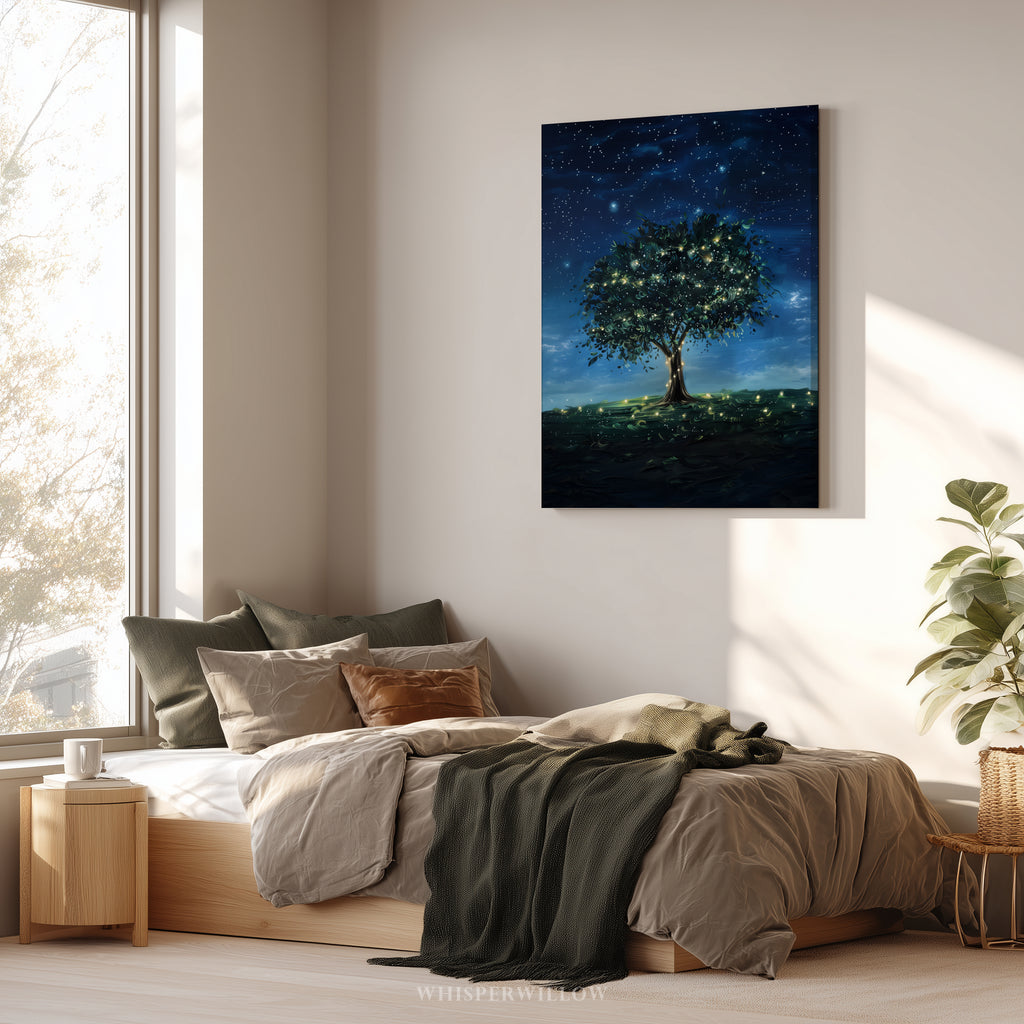 Leuchtender Glühwürmchenbaum als Leinwandbild – Sternenklare Nachtwiese, fantasievoll und verspielt