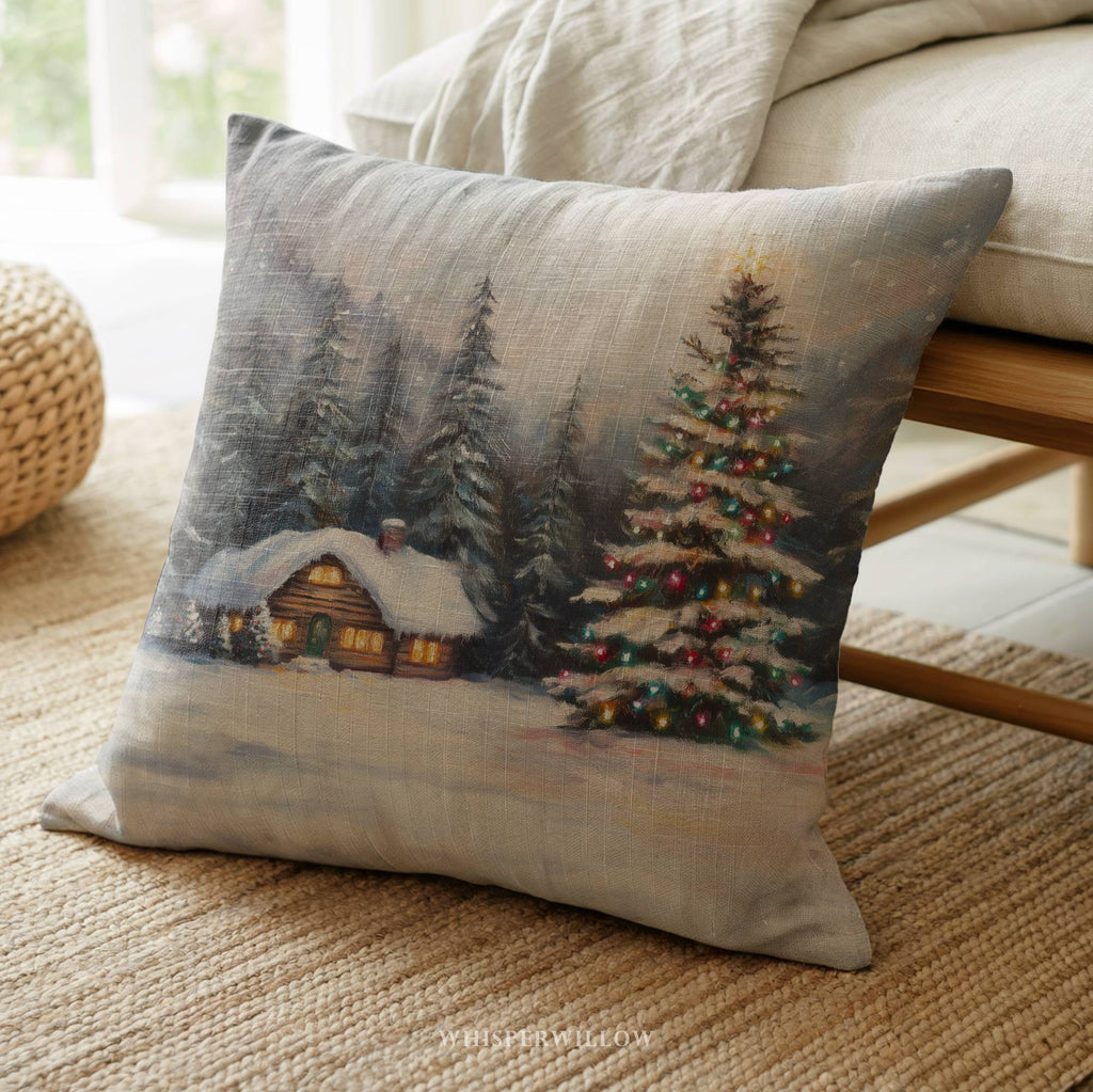Gemütliches Hütten-Dekokissen – Weihnachtslichter-Winterwunderland-Kissen