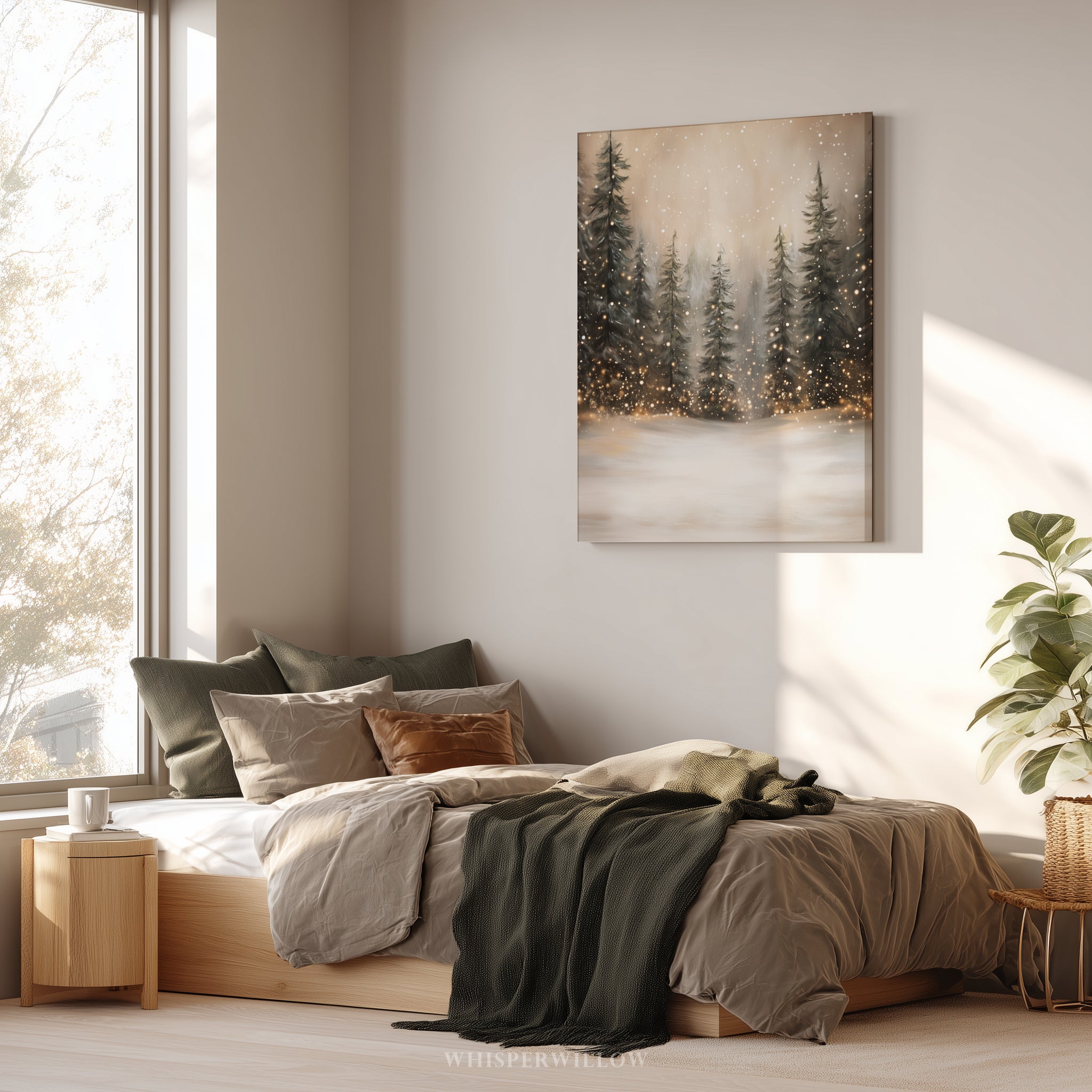 Winterliches Leinwandbild | Verschneiter Wald mit funkelnden Lichtern | Gemütliche, rustikale Weihnachtsdeko – das perfekte Geschenk für Ihr Zuhause