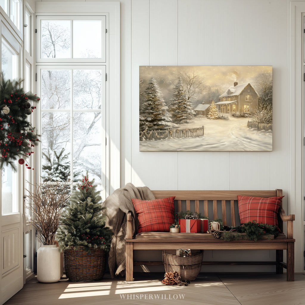 Enchanting Winter Cottage Canvas Wall Art - Snowy Christmas Landscape, Farmhouse Holiday Decor