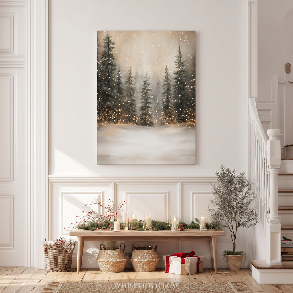 Winterliches Leinwandbild | Verschneiter Wald mit funkelnden Lichtern | Gemütliche, rustikale Weihnachtsdeko – das perfekte Geschenk für Ihr Zuhause