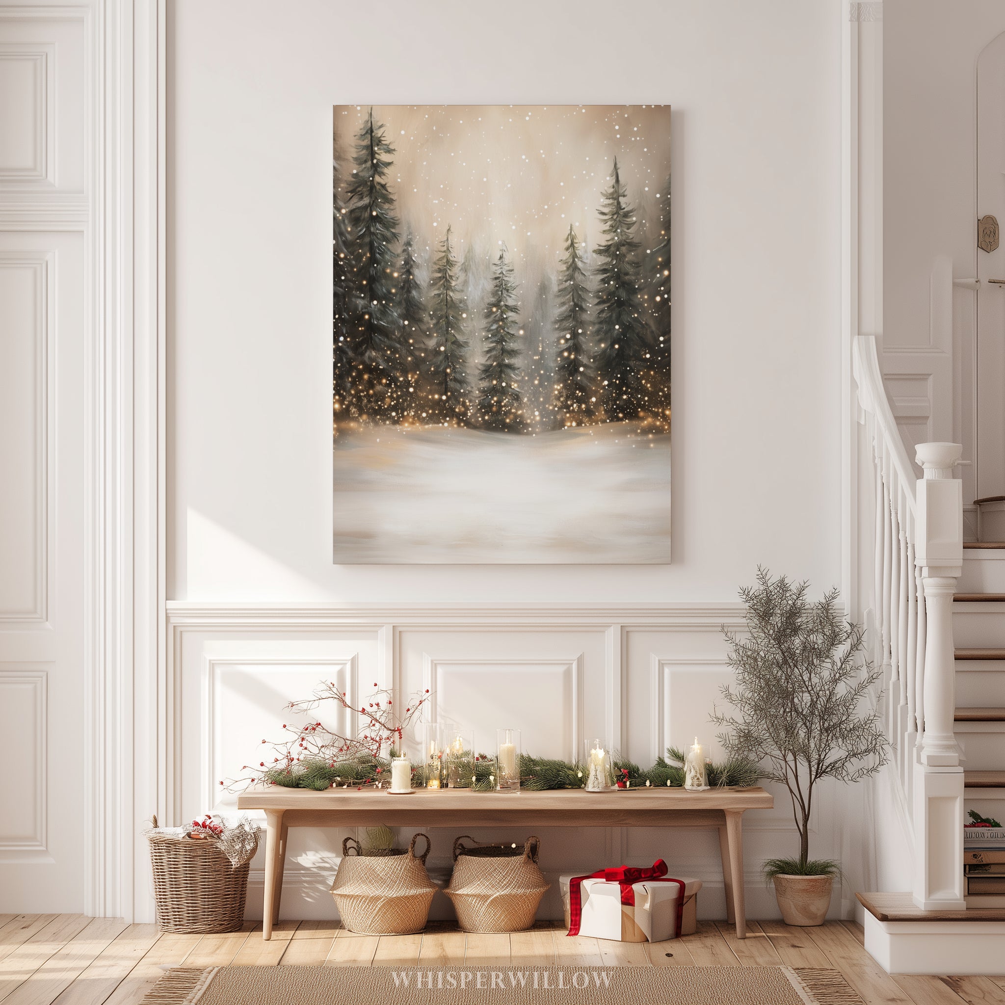 Winterliches Leinwandbild | Verschneiter Wald mit funkelnden Lichtern | Gemütliche, rustikale Weihnachtsdeko – das perfekte Geschenk für Ihr Zuhause