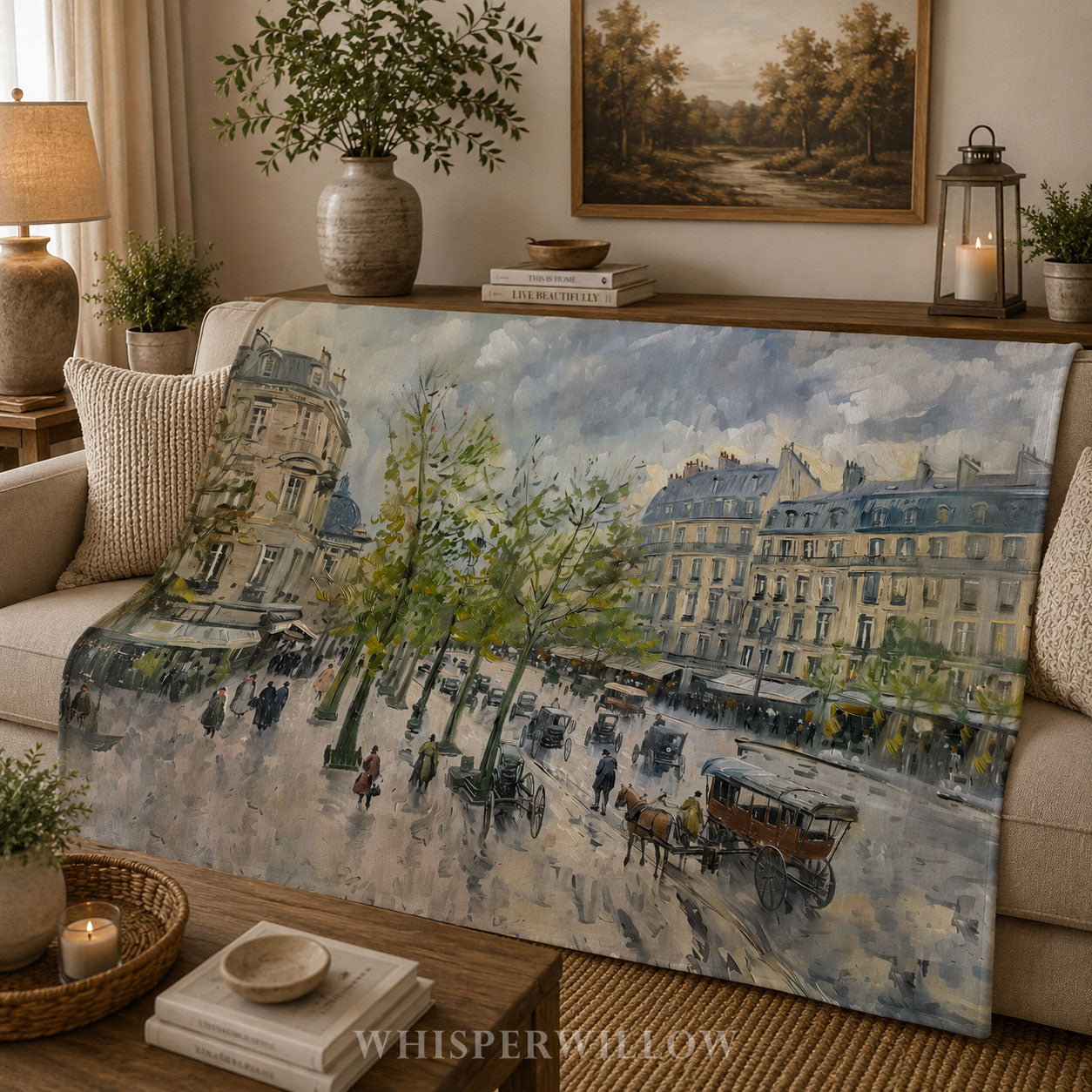 Paris Street Throw Blanket - Rainy European Boulevard Horse Carriage Gift