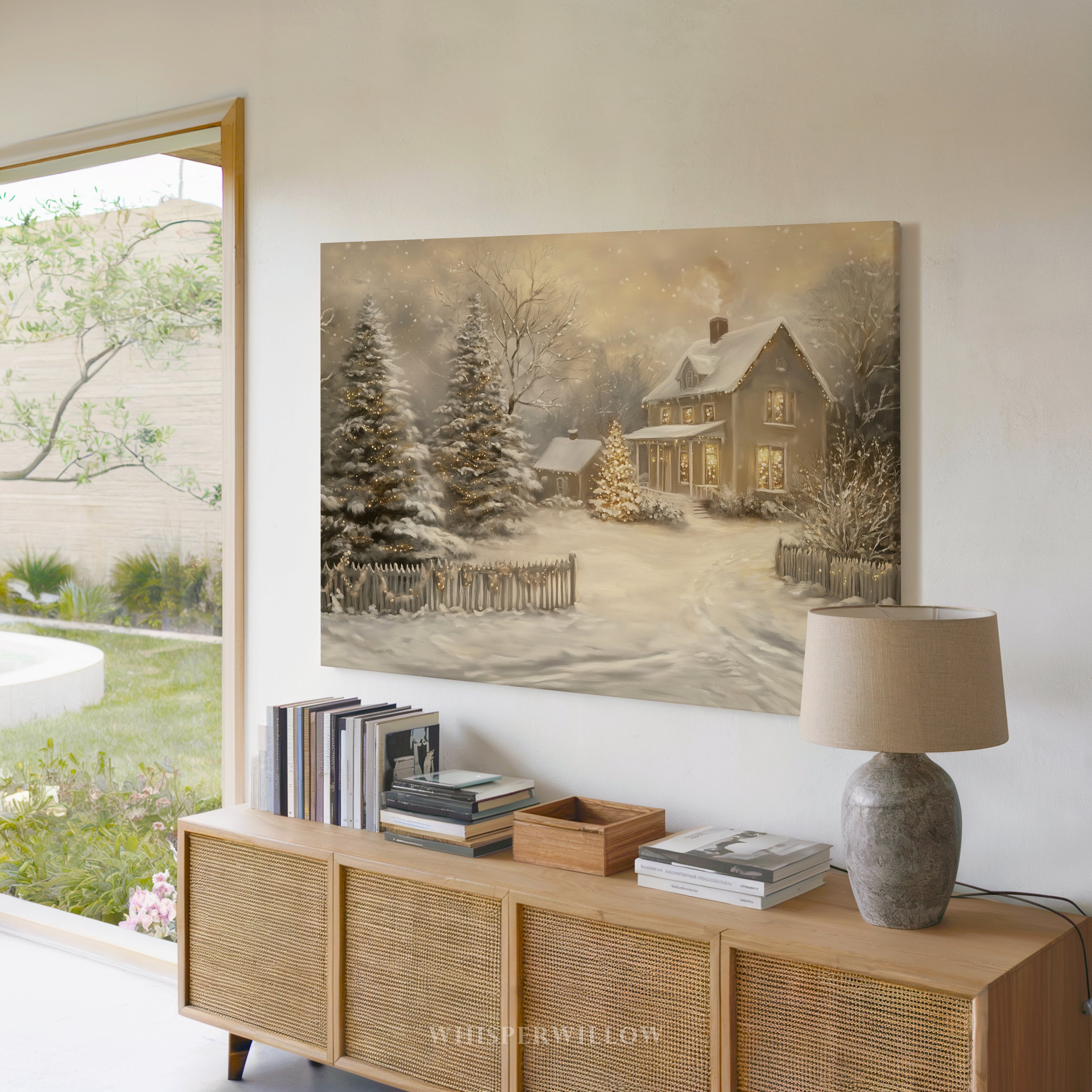 Bezauberndes Winter-Wandbild auf Leinwand – Verschneite Weihnachtslandschaft, festliche Dekoration im Landhausstil