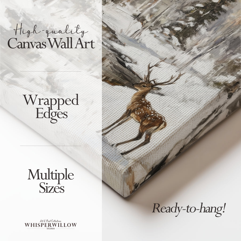 Winterliches Wandbild „Deer Creek“ auf Leinwand – Verschneite Waldlandschaft, Waldtierdekor