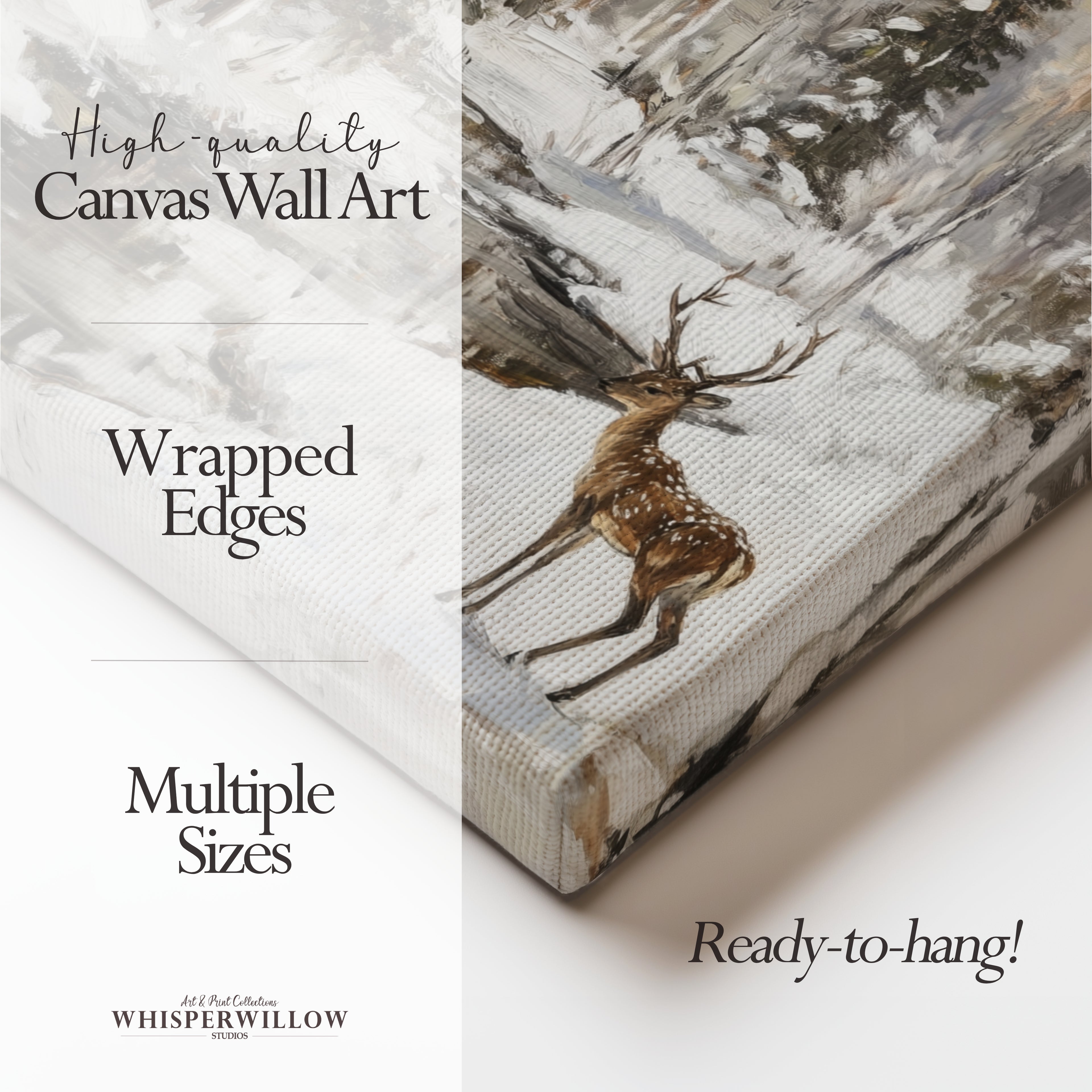 Winterliches Wandbild „Deer Creek“ auf Leinwand – Verschneite Waldlandschaft, Waldtierdekor