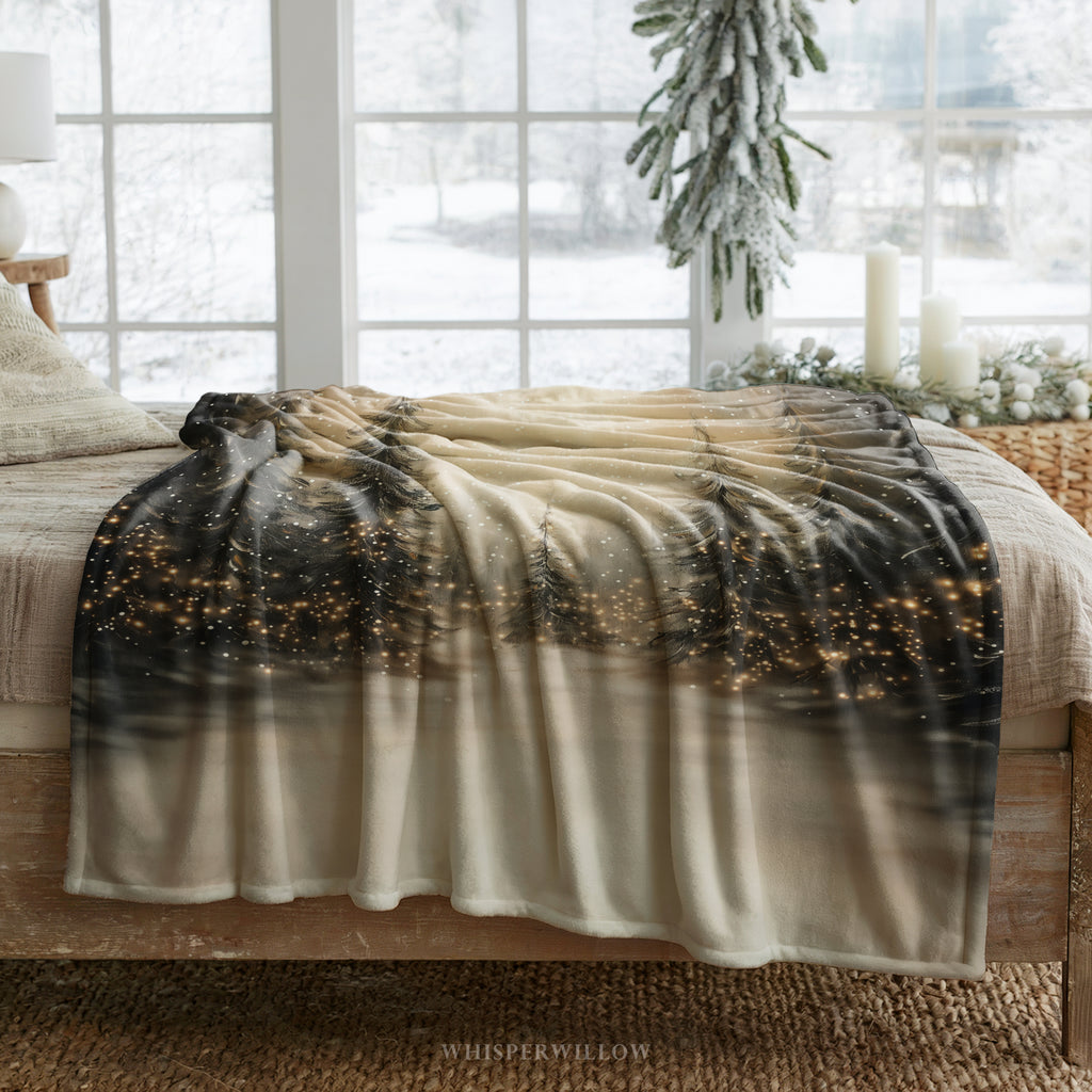 Snowy Pine Forest Throw Blanket - Winter Wonderland Lights Gift