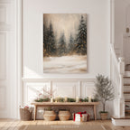 Winterliches Leinwandbild | Verschneiter Kiefernwald mit funkelnden Lichtern | Gemütliche, rustikale Weihnachtsdeko – das perfekte Geschenk für Ihr Zuhause