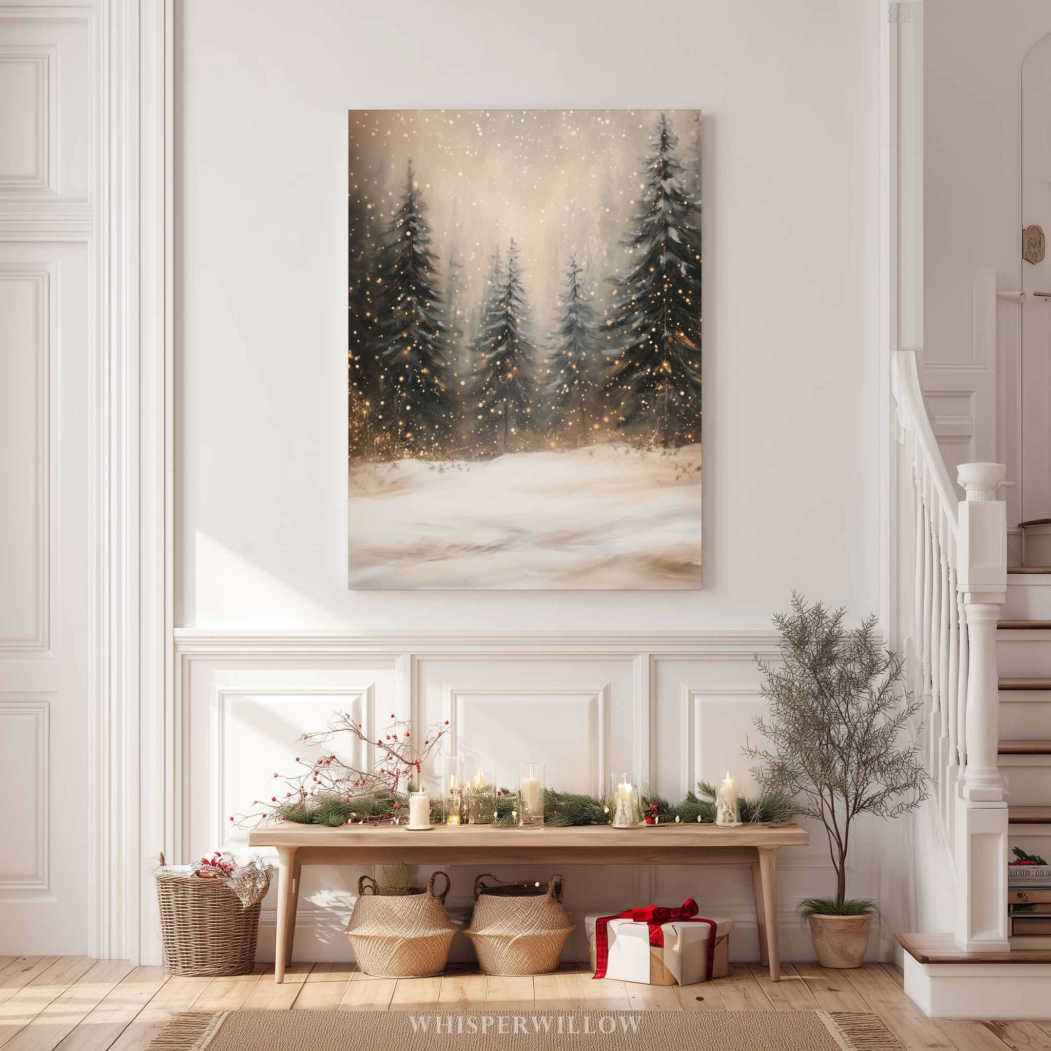 Winterliches Leinwandbild | Verschneiter Kiefernwald mit funkelnden Lichtern | Gemütliche, rustikale Weihnachtsdeko – das perfekte Geschenk für Ihr Zuhause