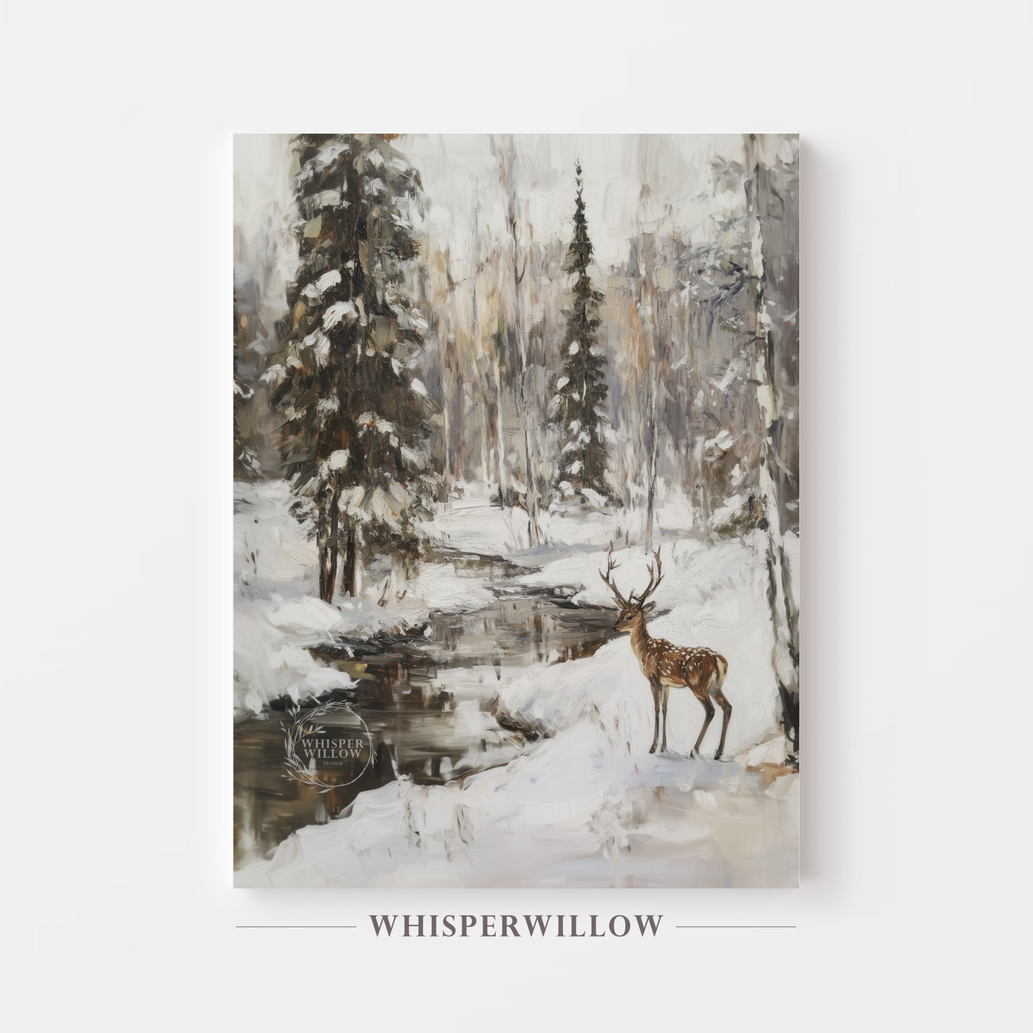 Winter Forest and Deer Landscape with Creek Canvas Wall Art Holiday Animal Home Decor Gift