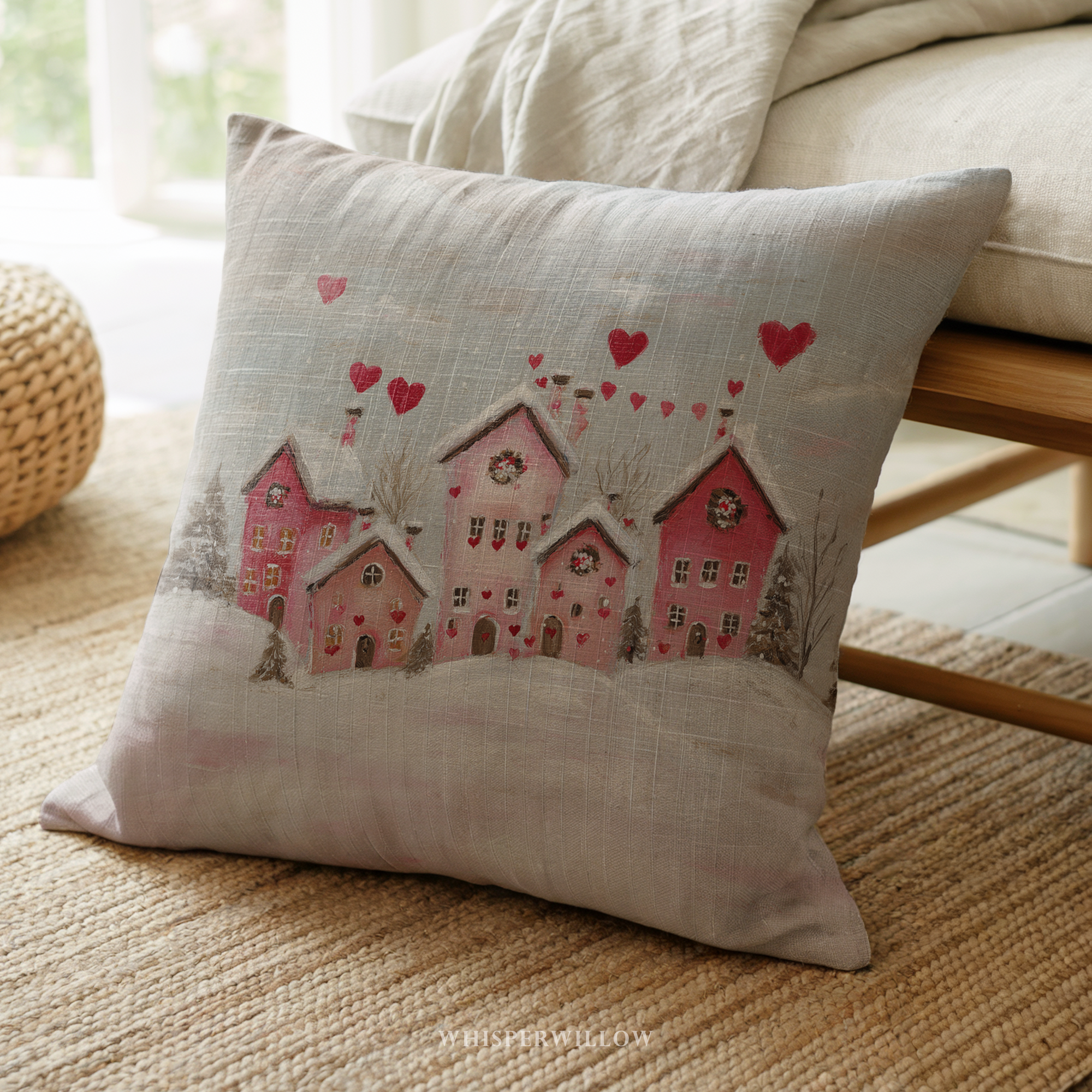 Coussin décoratif Saint-Valentin sur le thème du village d'hiver | Motif maisons en forme de cœur | Coussin cadeau romantique enneigé