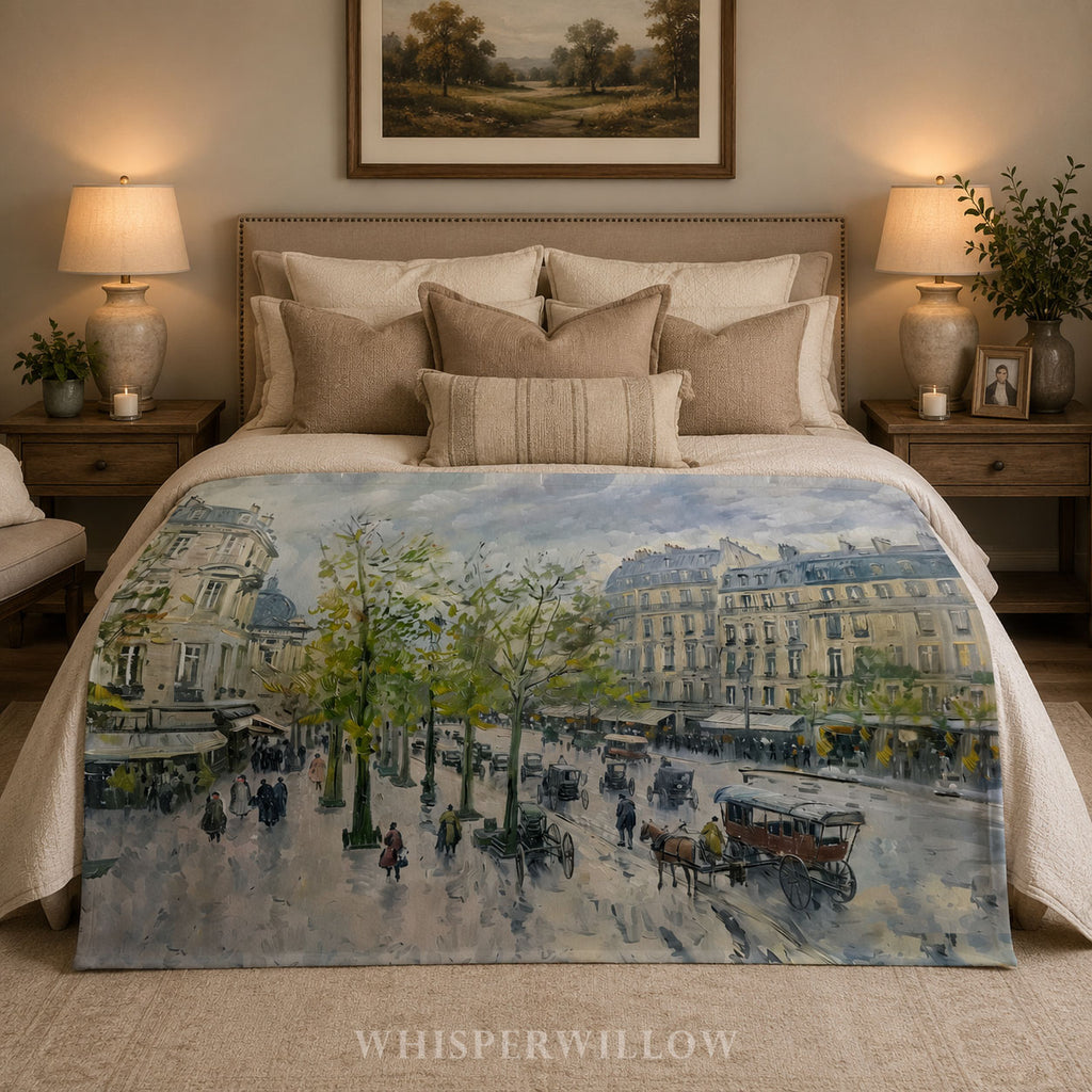 Paris Street Throw Blanket - Rainy European Boulevard Horse Carriage Gift
