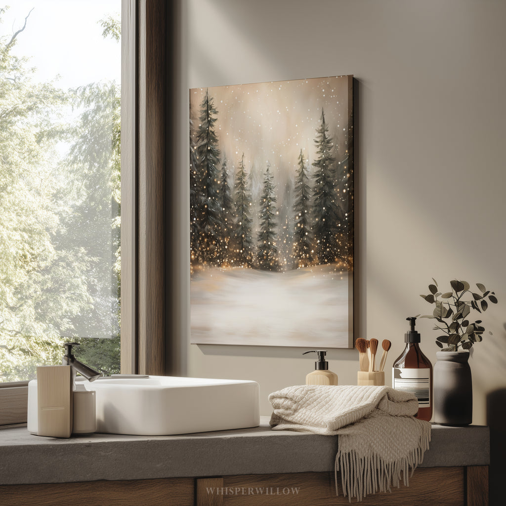 Winterliches Leinwandbild | Verschneiter Wald mit funkelnden Lichtern | Gemütliche, rustikale Weihnachtsdeko – das perfekte Geschenk für Ihr Zuhause