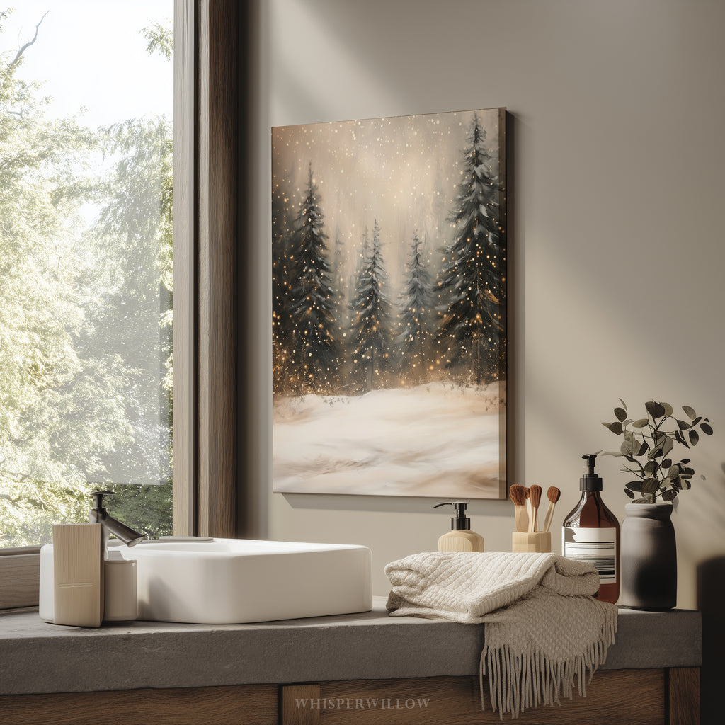 Winterliches Leinwandbild | Verschneiter Kiefernwald mit funkelnden Lichtern | Gemütliche, rustikale Weihnachtsdeko – das perfekte Geschenk für Ihr Zuhause