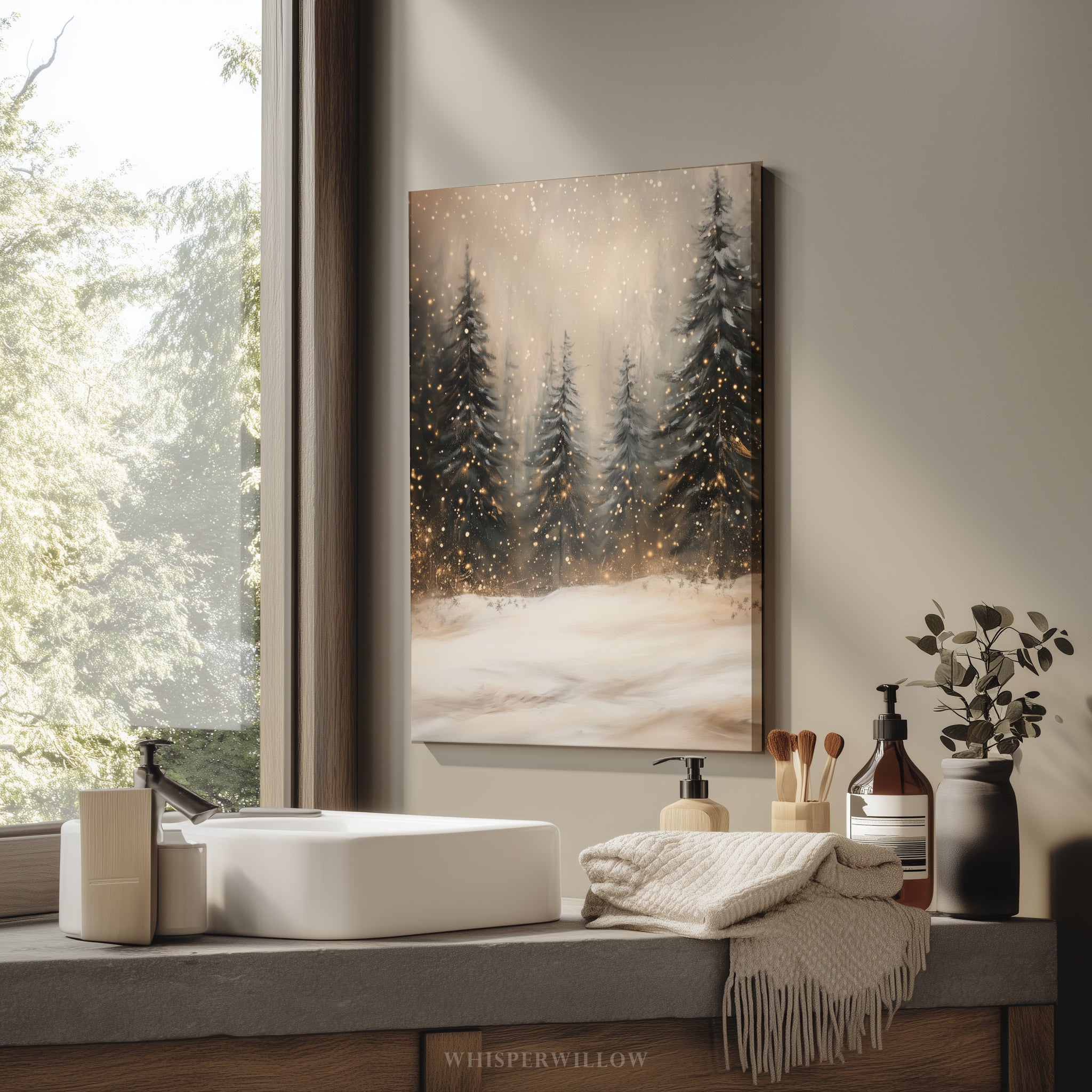 Winterliches Leinwandbild | Verschneiter Kiefernwald mit funkelnden Lichtern | Gemütliche, rustikale Weihnachtsdeko – das perfekte Geschenk für Ihr Zuhause