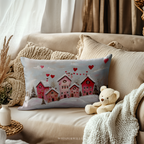 Coussin décoratif Saint-Valentin sur le thème du village d'hiver | Motif maisons en forme de cœur | Coussin cadeau romantique enneigé
