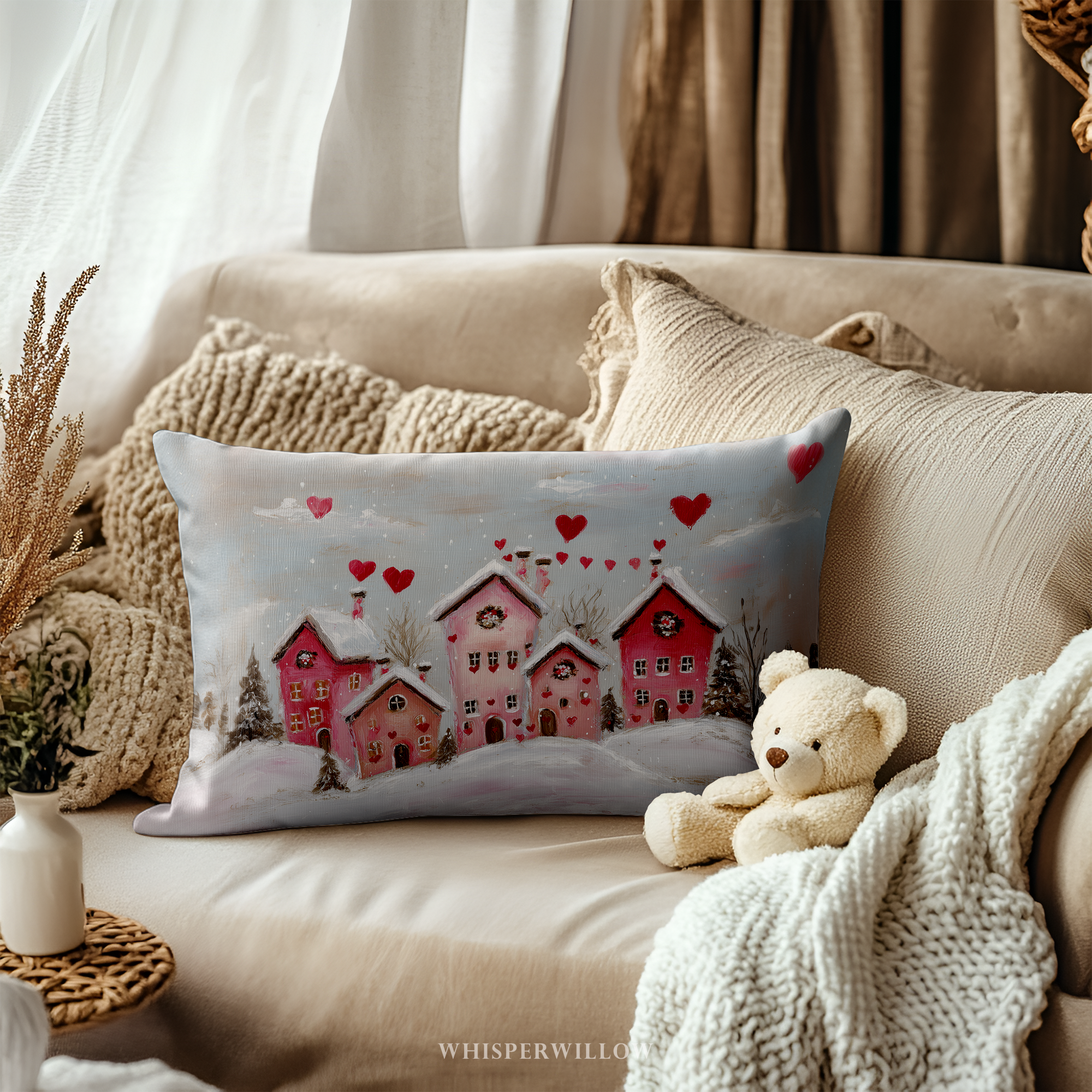 Coussin décoratif Saint-Valentin sur le thème du village d'hiver | Motif maisons en forme de cœur | Coussin cadeau romantique enneigé