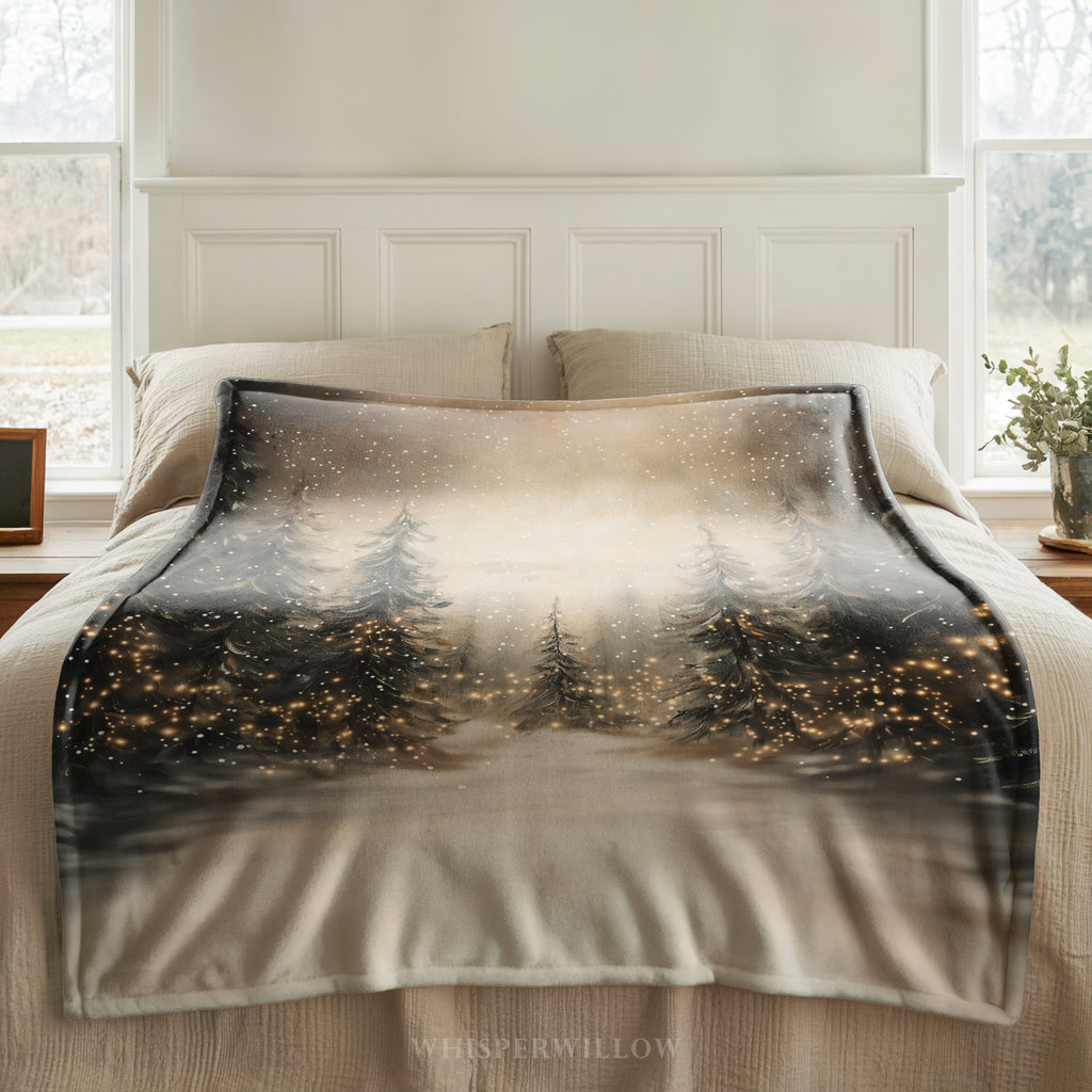 Snowy Pine Forest Throw Blanket - Winter Wonderland Lights Gift