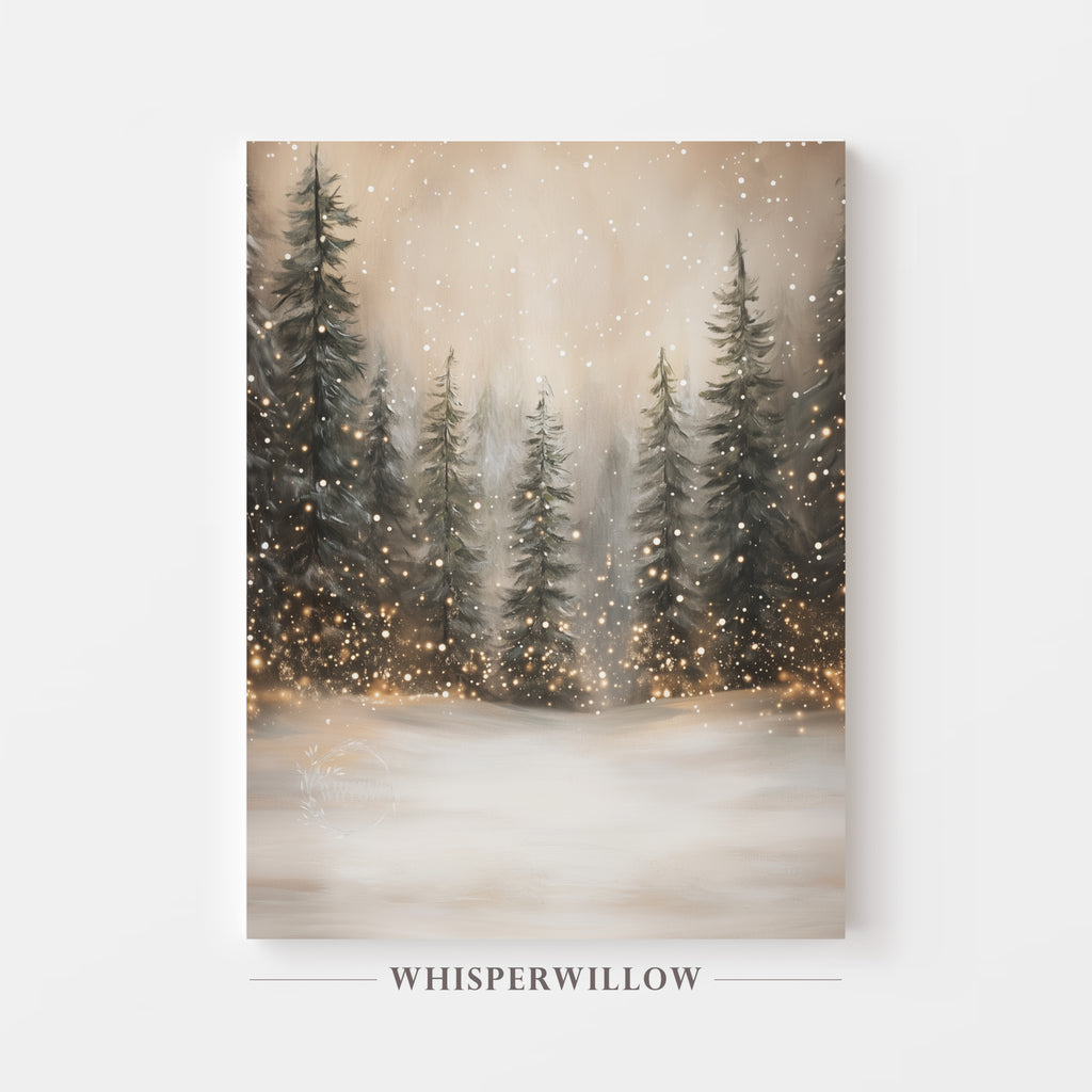 Whimsical Snowy Forest Pines and Lights Canvas Wall Art Home Decor Gift