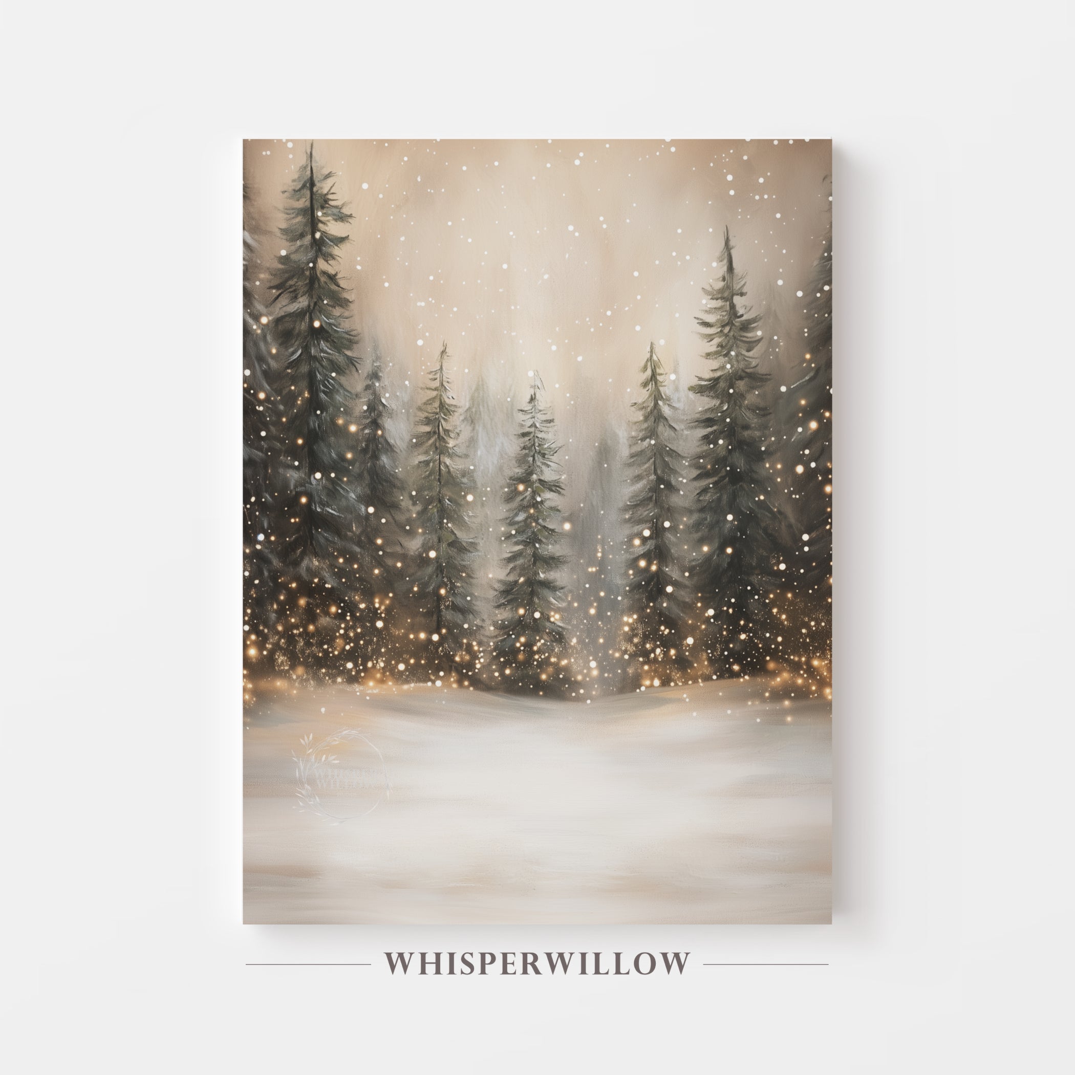 Whimsical Snowy Forest Pines and Lights Canvas Wall Art Home Decor Gift
