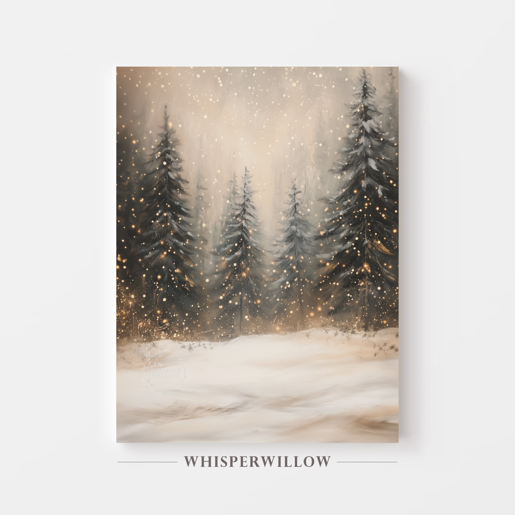Whimsical Snowy Forest Pines and Lights Canvas Wall Art Home Decor Gift