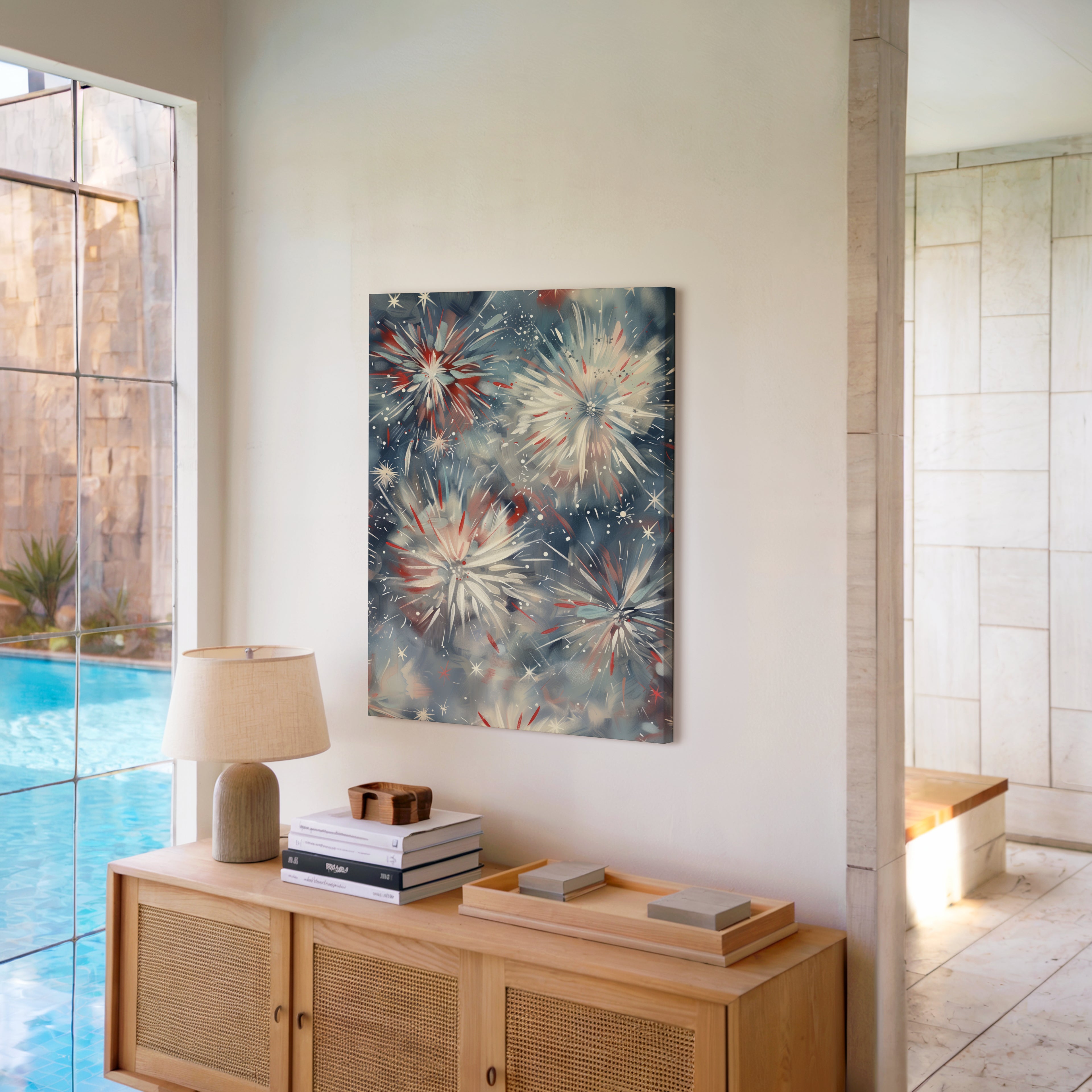 Leinwandbild mit Feuerwerk zum 4. Juli | Feierlichkeiten zum Unabhängigkeitstag | Patriotische Dekoration in Rot, Weiß und Blau