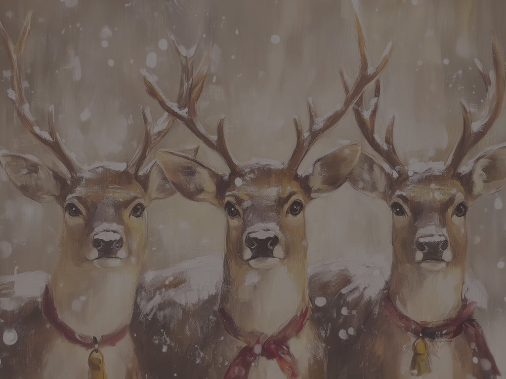 Rentier-Trio als Leinwandbild – Rustikale Weihnachtsdekoration für die Hütte, verspielte Winterlandschaft