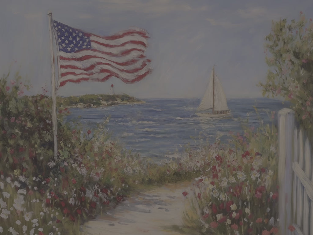 American Flag Coastal Throw Blanket - Sailboat Lighthouse Wildflower Gift