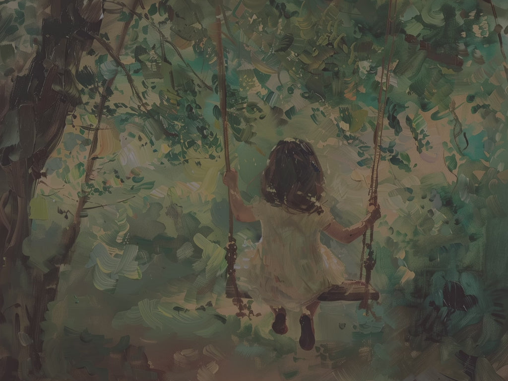 Kissen „Kind auf Baumschaukel“ – Kissen „Verzauberter Vintage-Wald“