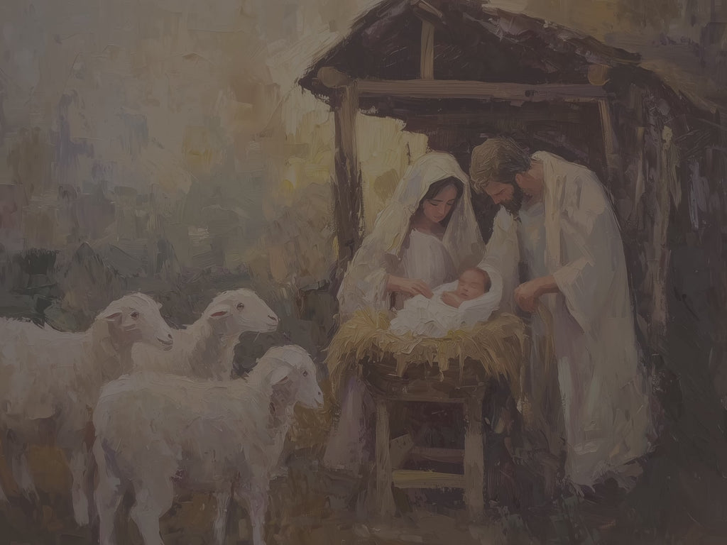 Christmas Nativity Scene Canvas Wall Art - Holy Family Baby Jesus Manger with Sheep