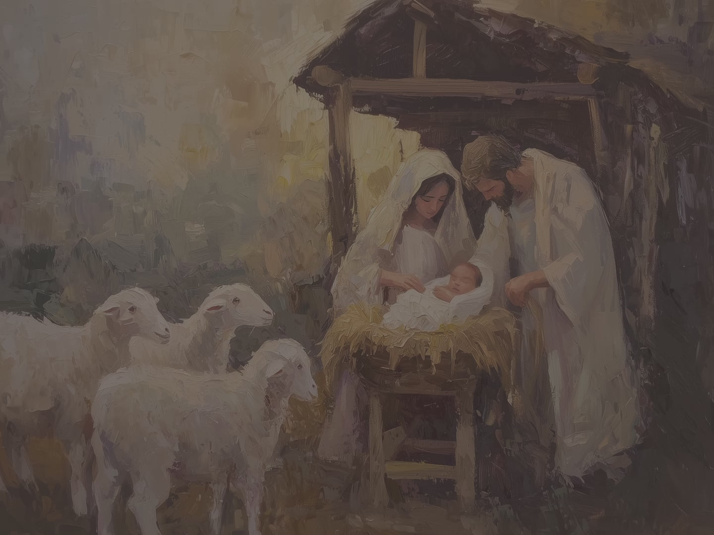 Christmas Nativity Scene Canvas Wall Art - Holy Family Baby Jesus Manger with Sheep